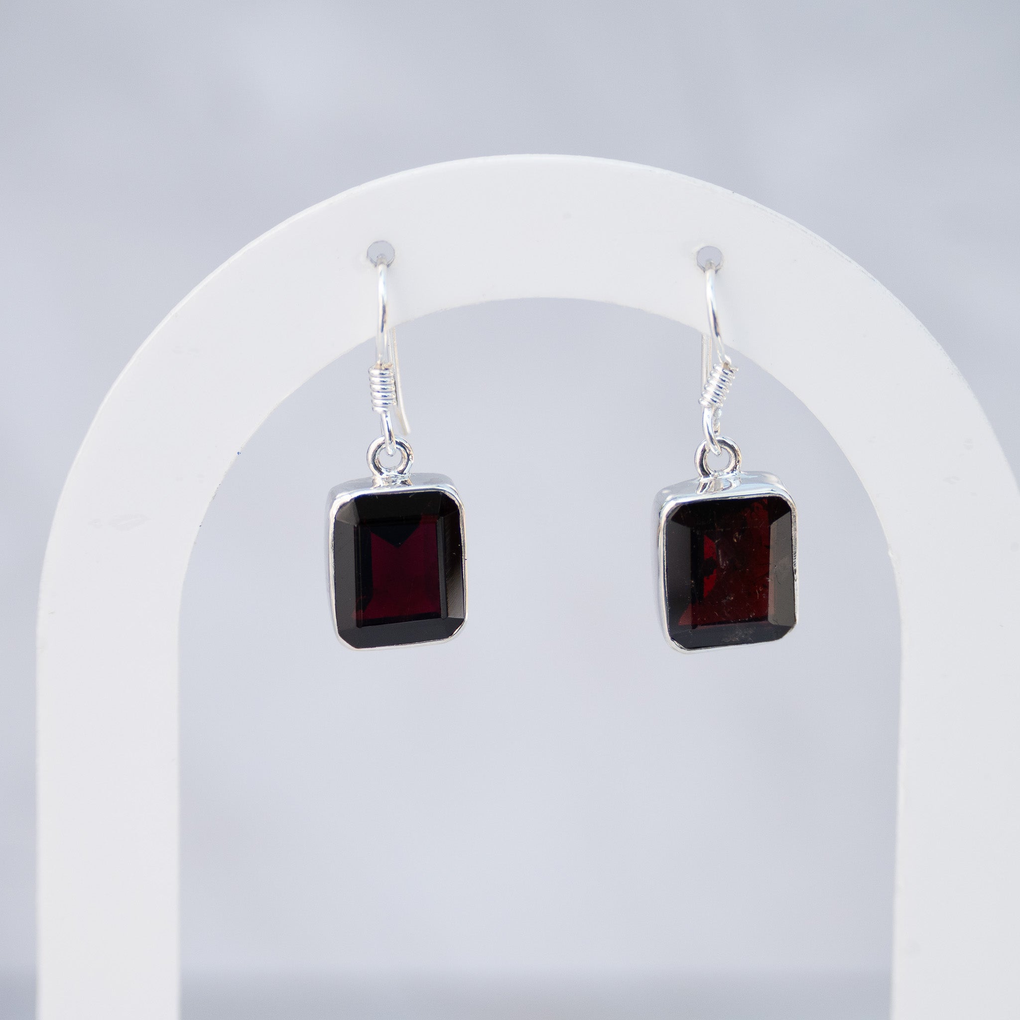 Sterling Silver Rectangular Garnet Drop Earrings – 27mm