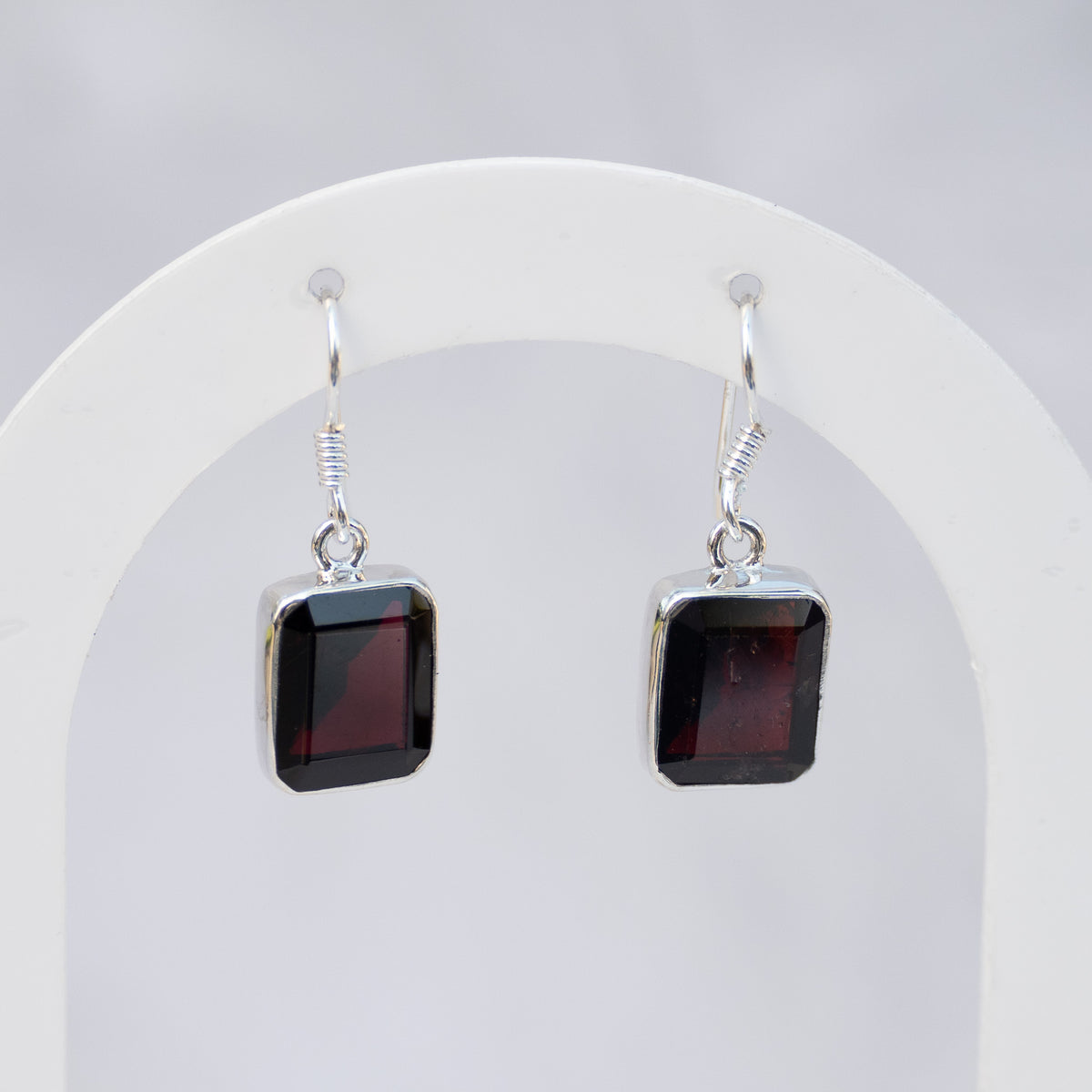 Sterling Silver Rectangular Garnet Drop Earrings – 27mm