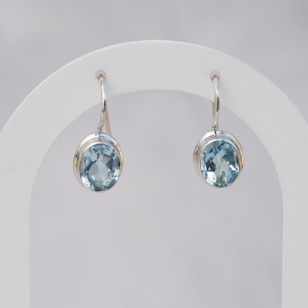 Sterling Silver Oval Blue Topaz Drop Earrings – 23mm