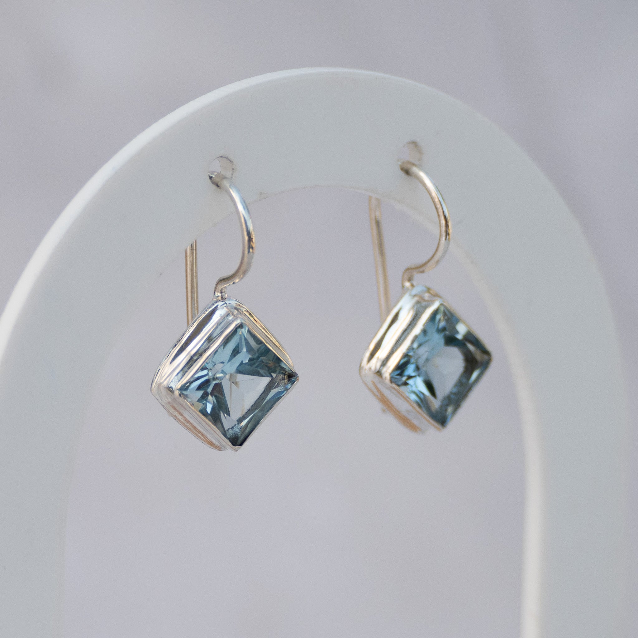 Sterling Silver Square Blue Topaz Drop Earrings – 25mm
