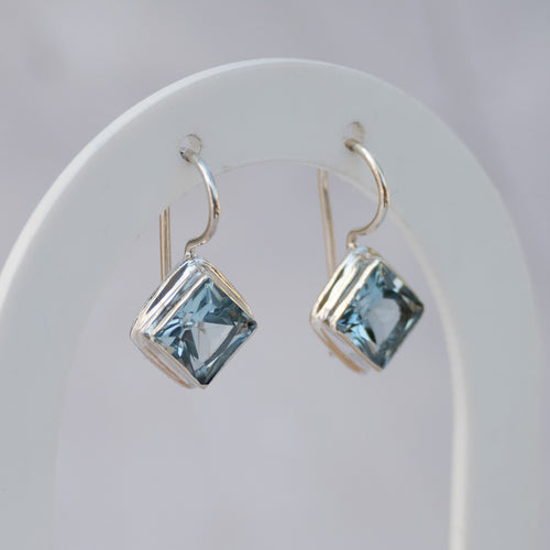 Sterling Silver Square Blue Topaz Drop Earrings – 25mm