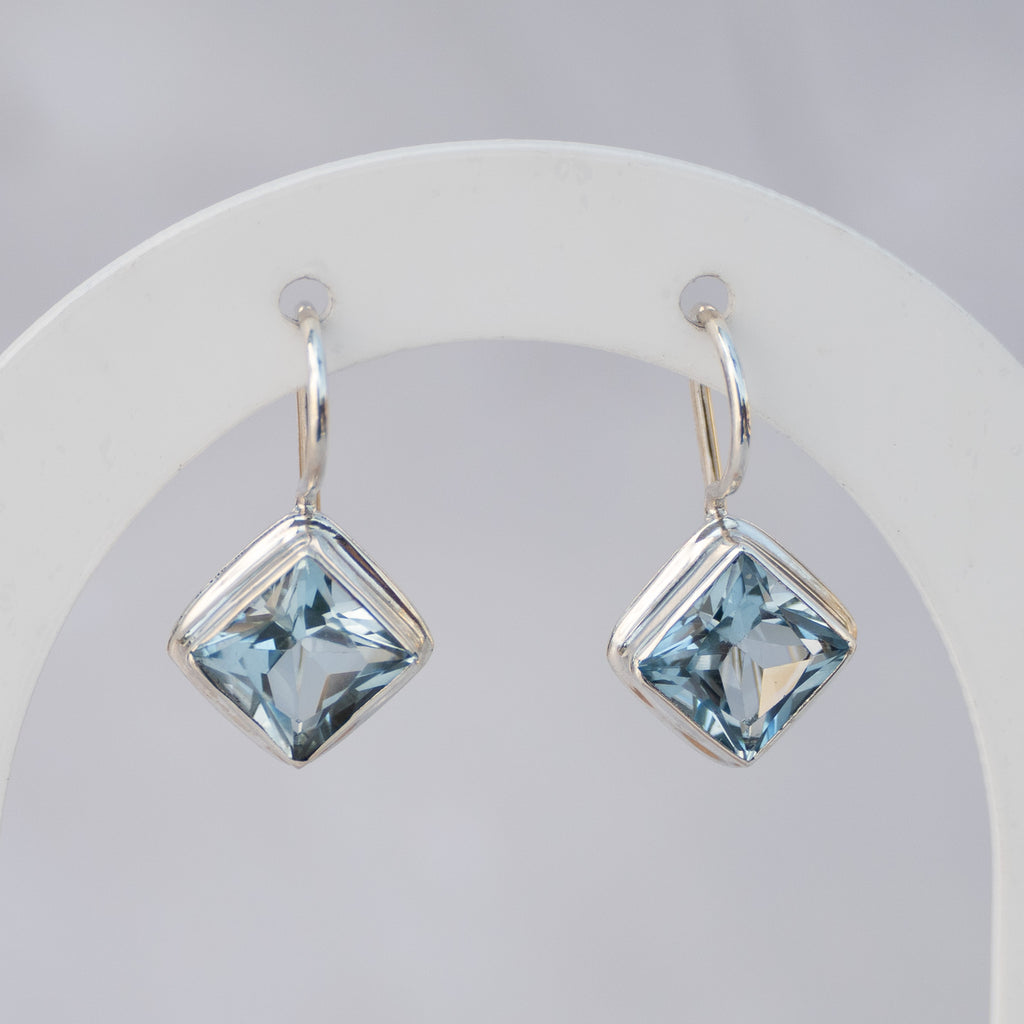 Sterling Silver Square Blue Topaz Drop Earrings – 25mm