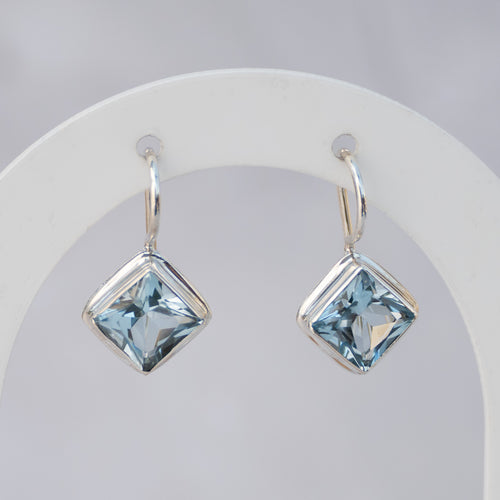 Sterling Silver Square Blue Topaz Drop Earrings – 25mm