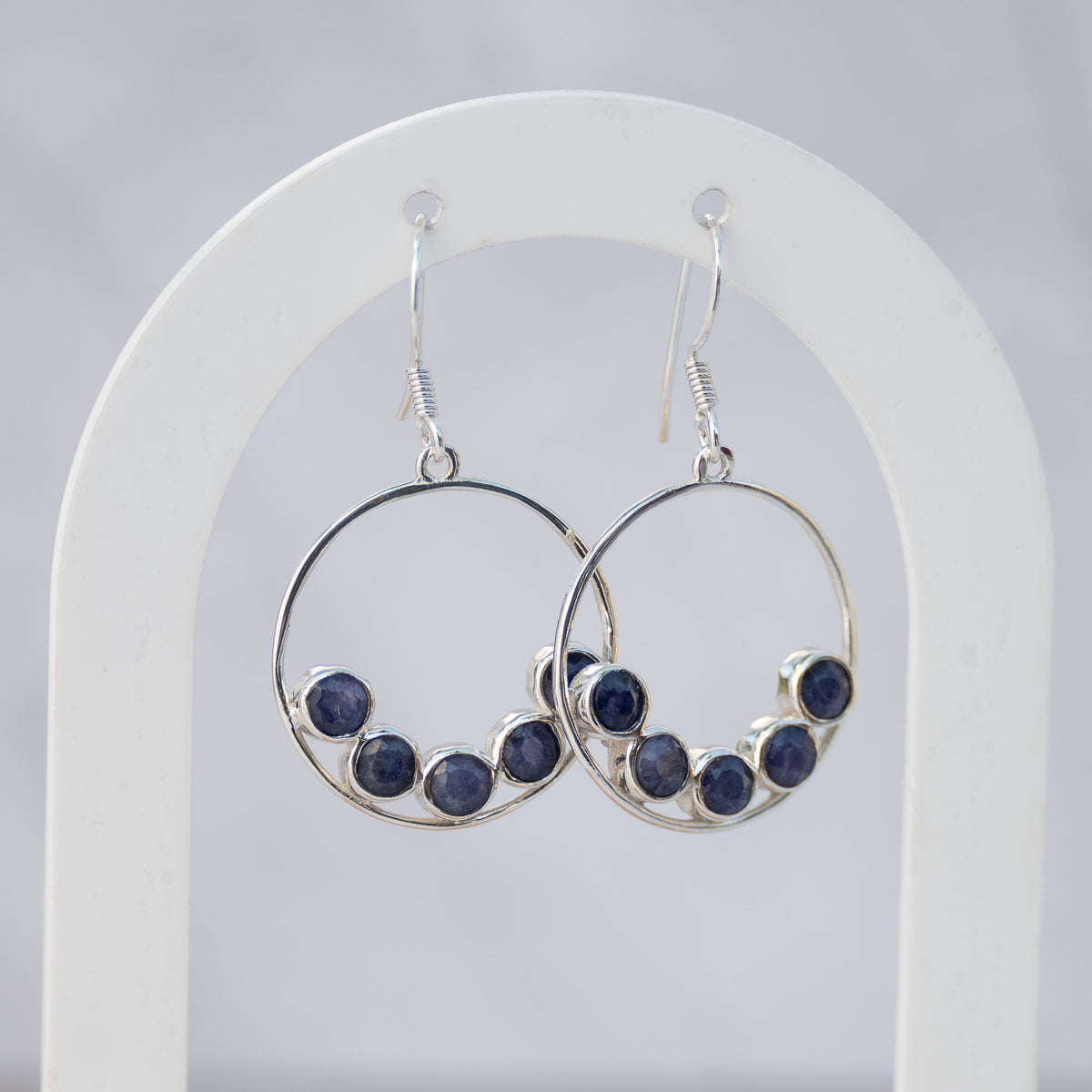 Sterling Silver Sapphire Circle Drop Earrings – 40mm