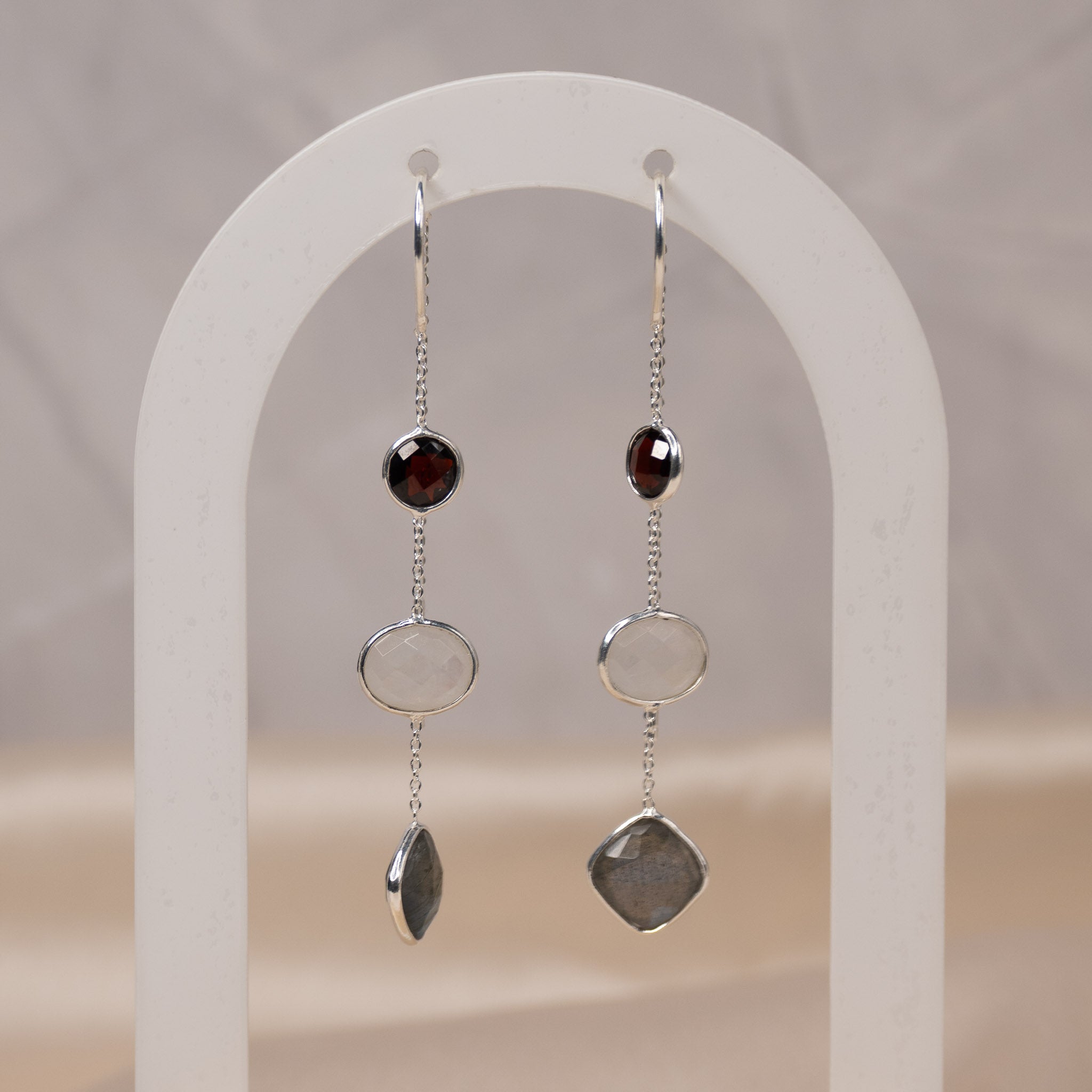 Moonstone, Garnet And Lab Chain Drop Earrings