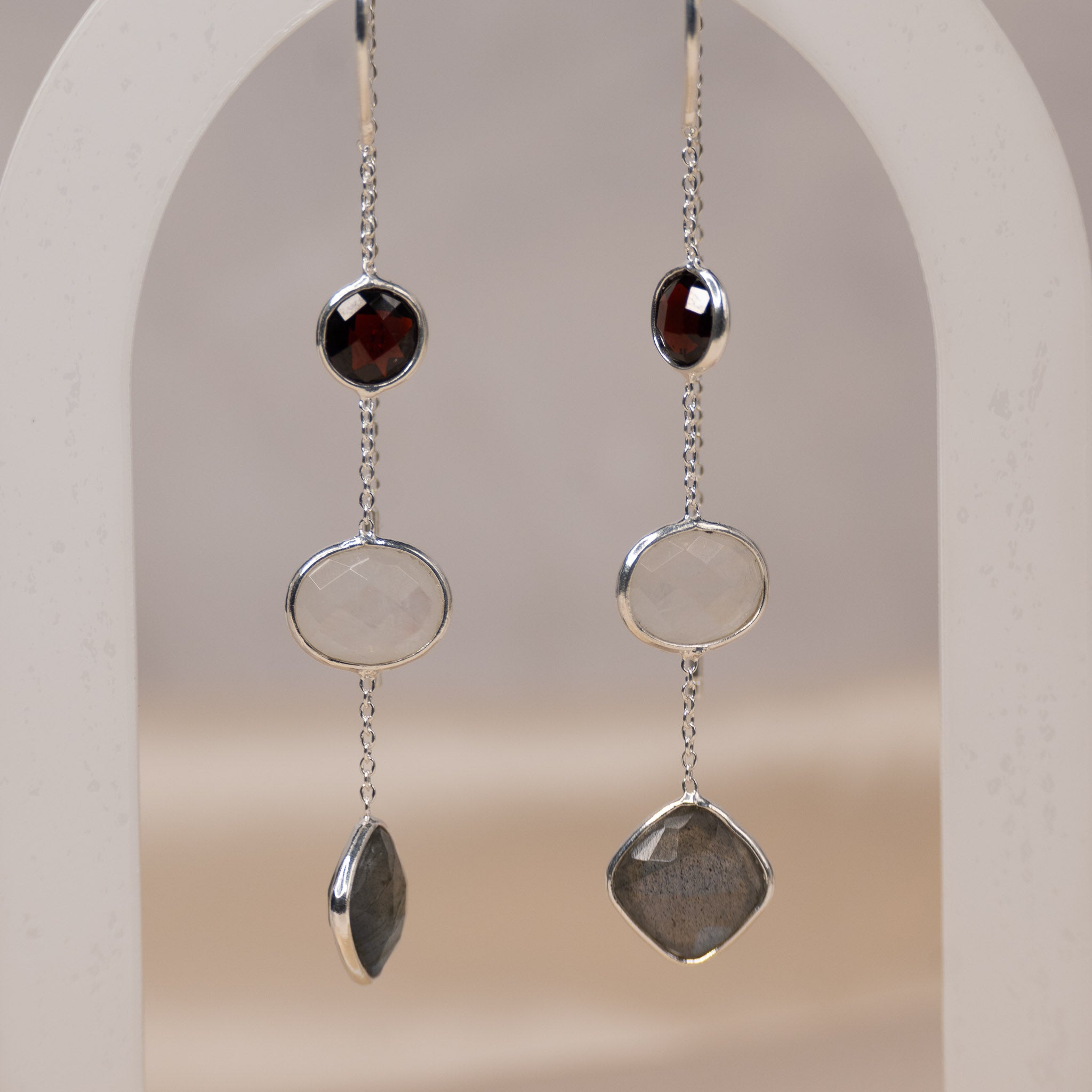 Moonstone, Garnet And Lab Chain Drop Earrings