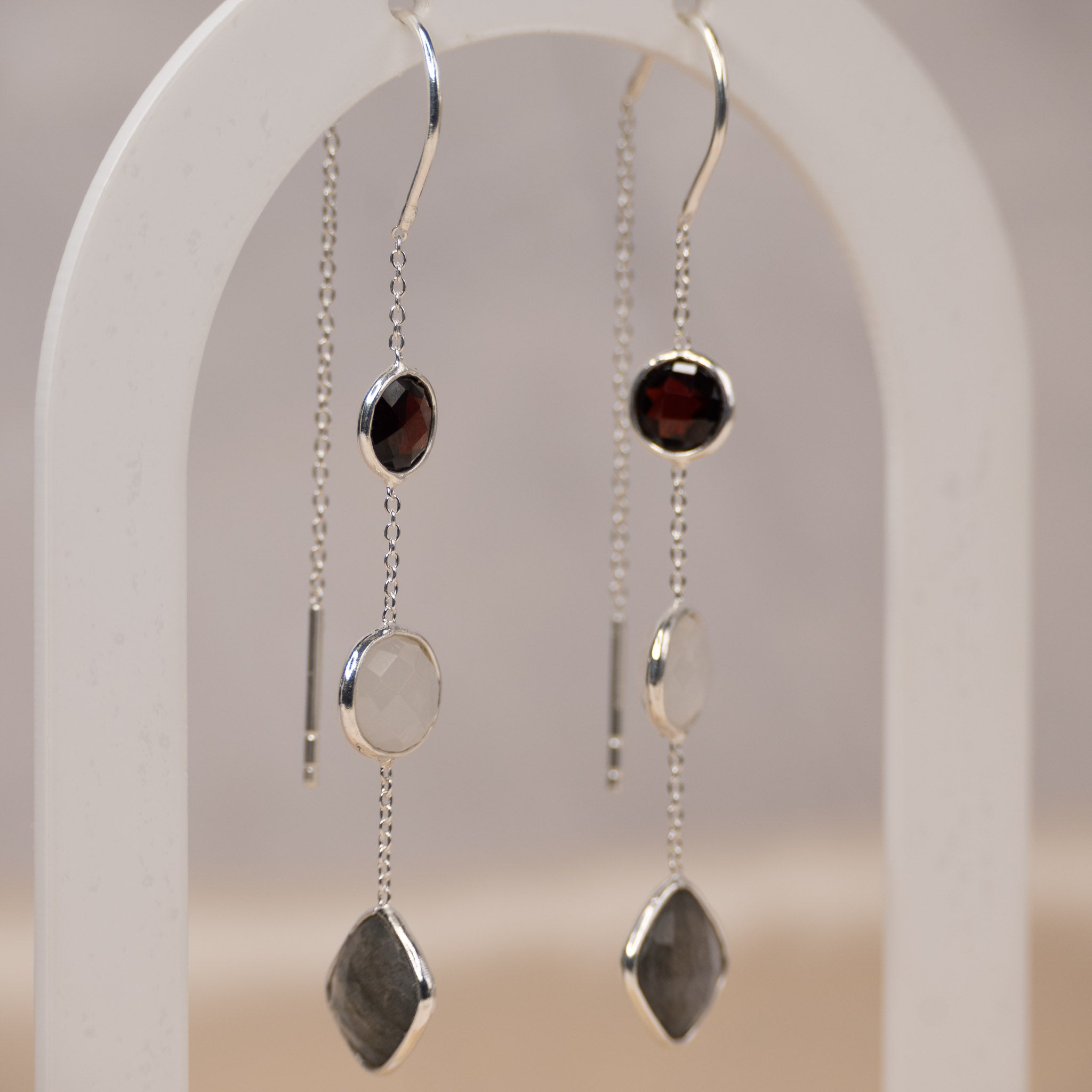 Moonstone, Garnet And Lab Chain Drop Earrings