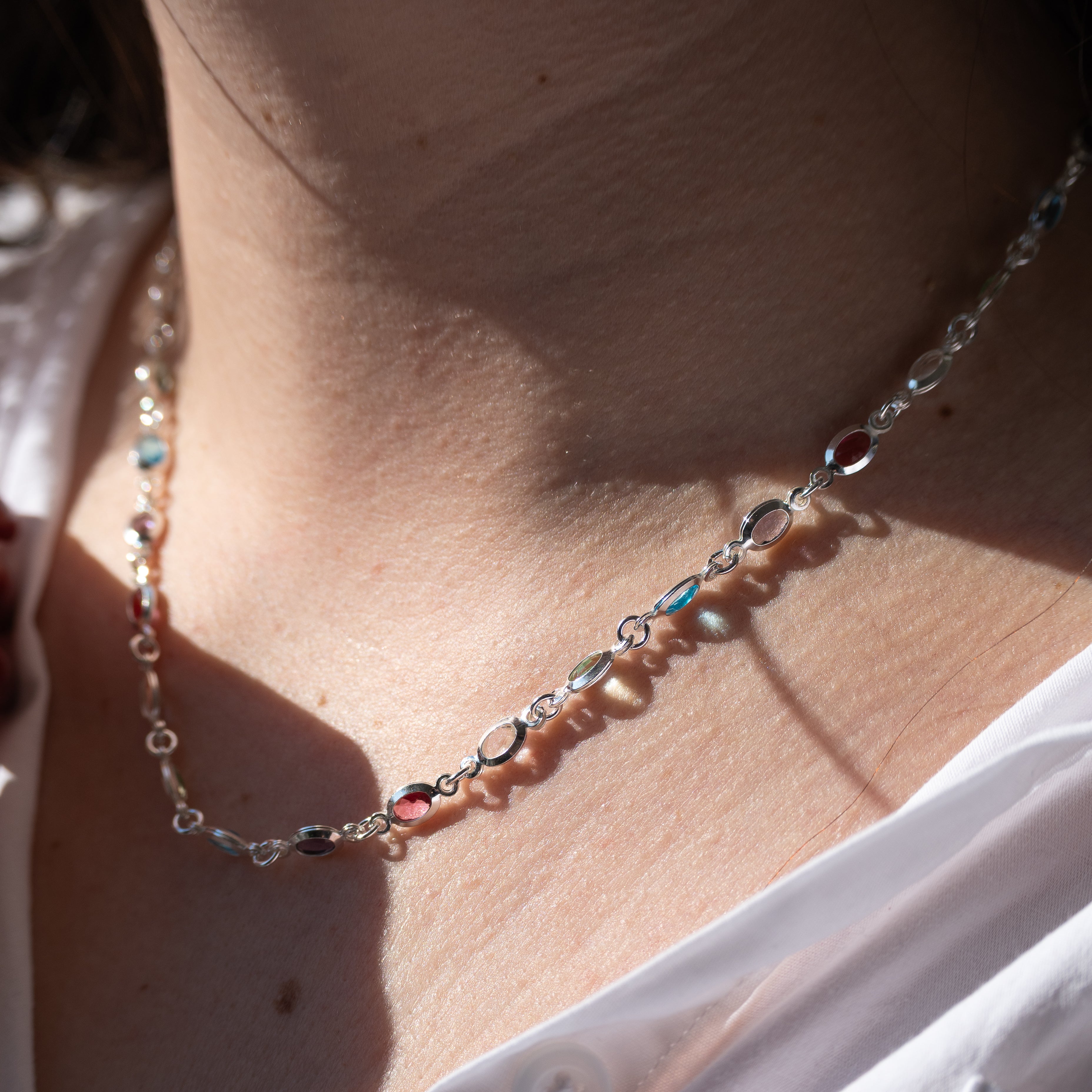 Sterling silver necklace with oval colourful dots