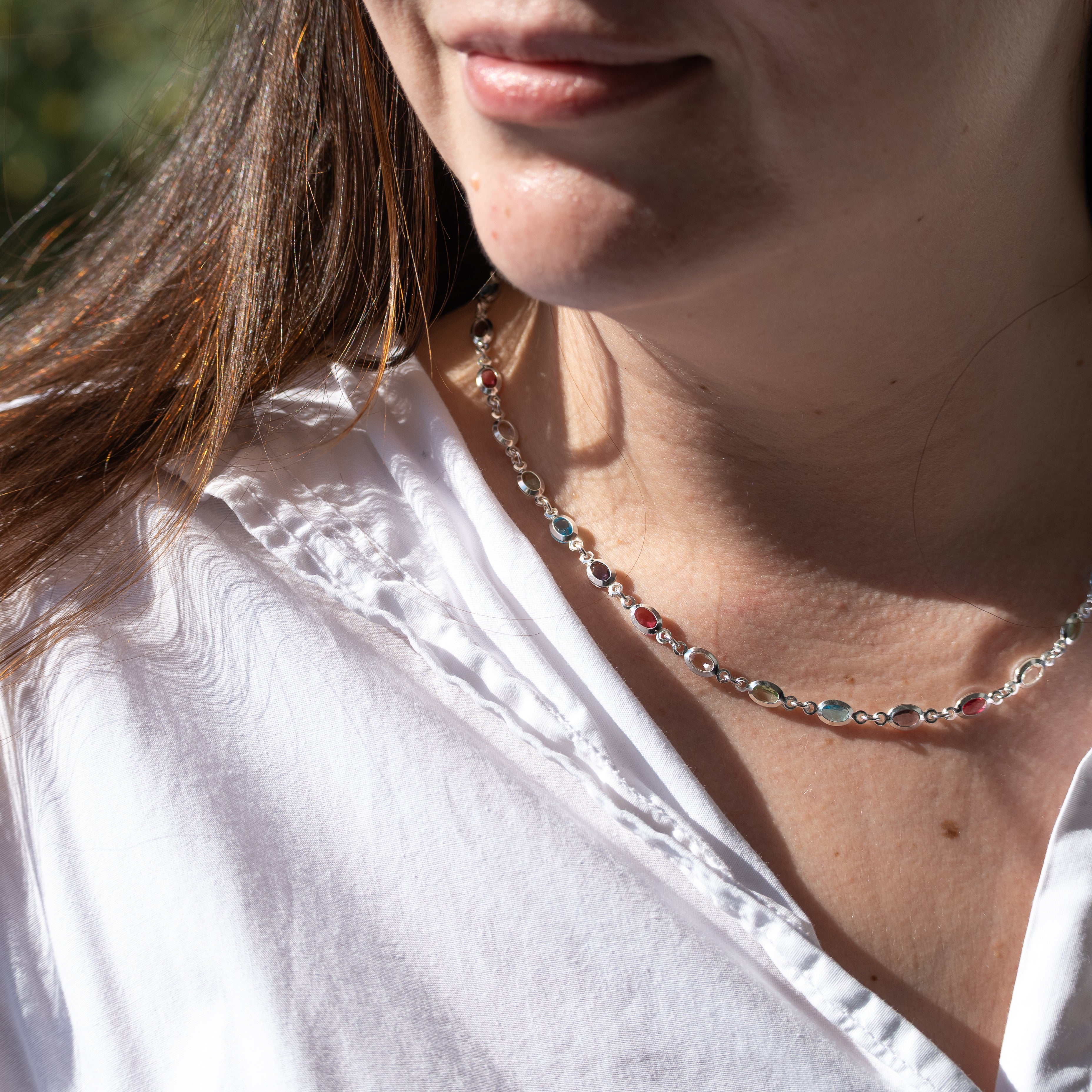 Sterling silver necklace with oval colourful dots