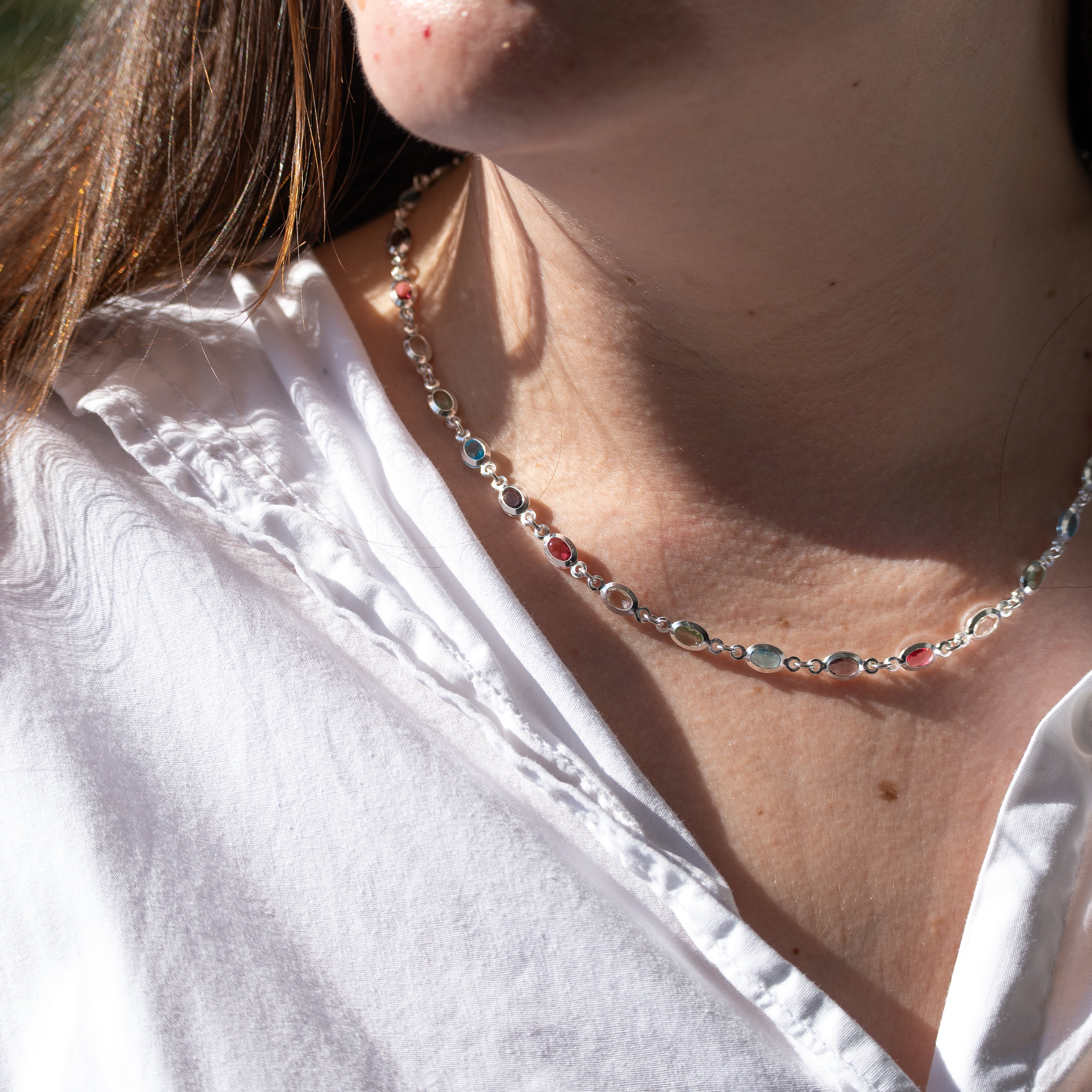 Sterling silver necklace with oval colourful dots