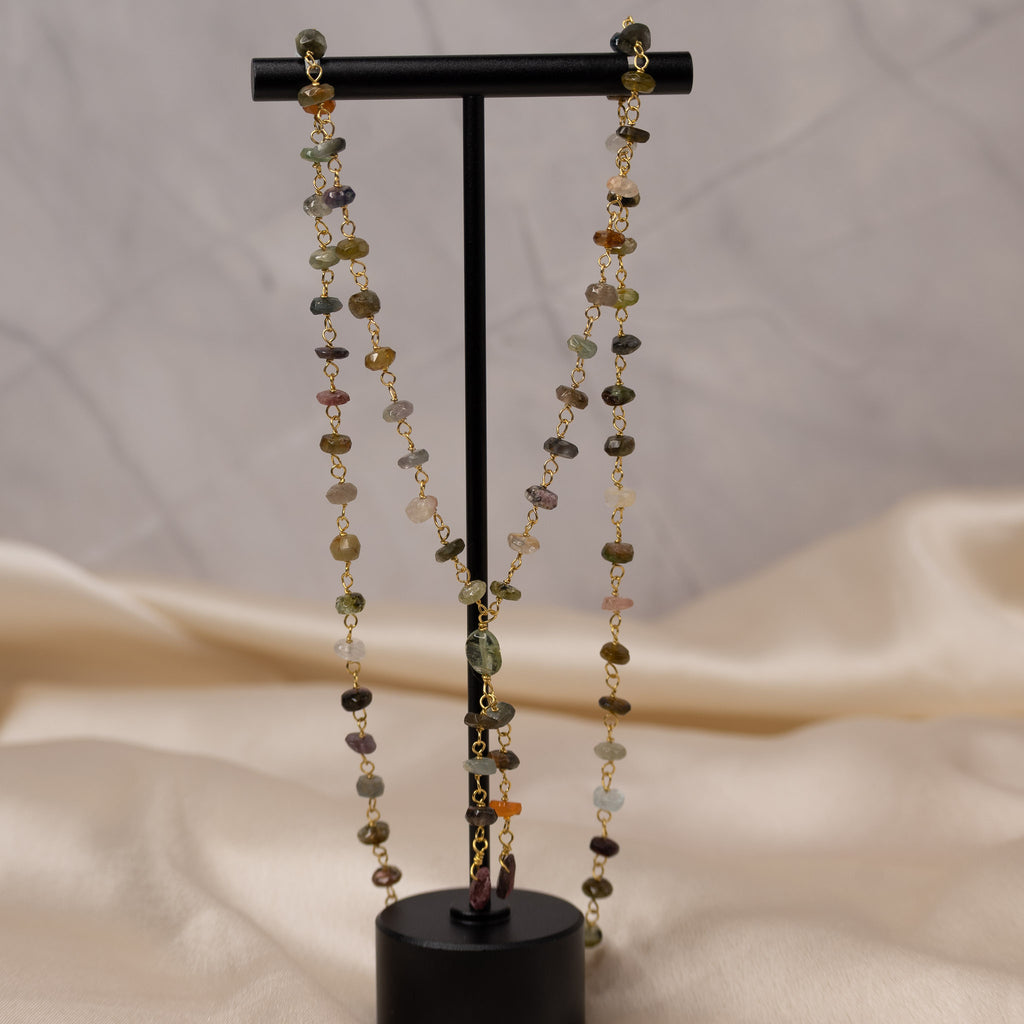 Gold necklace with Tourmaline Semi Precious stone nuggets in chain