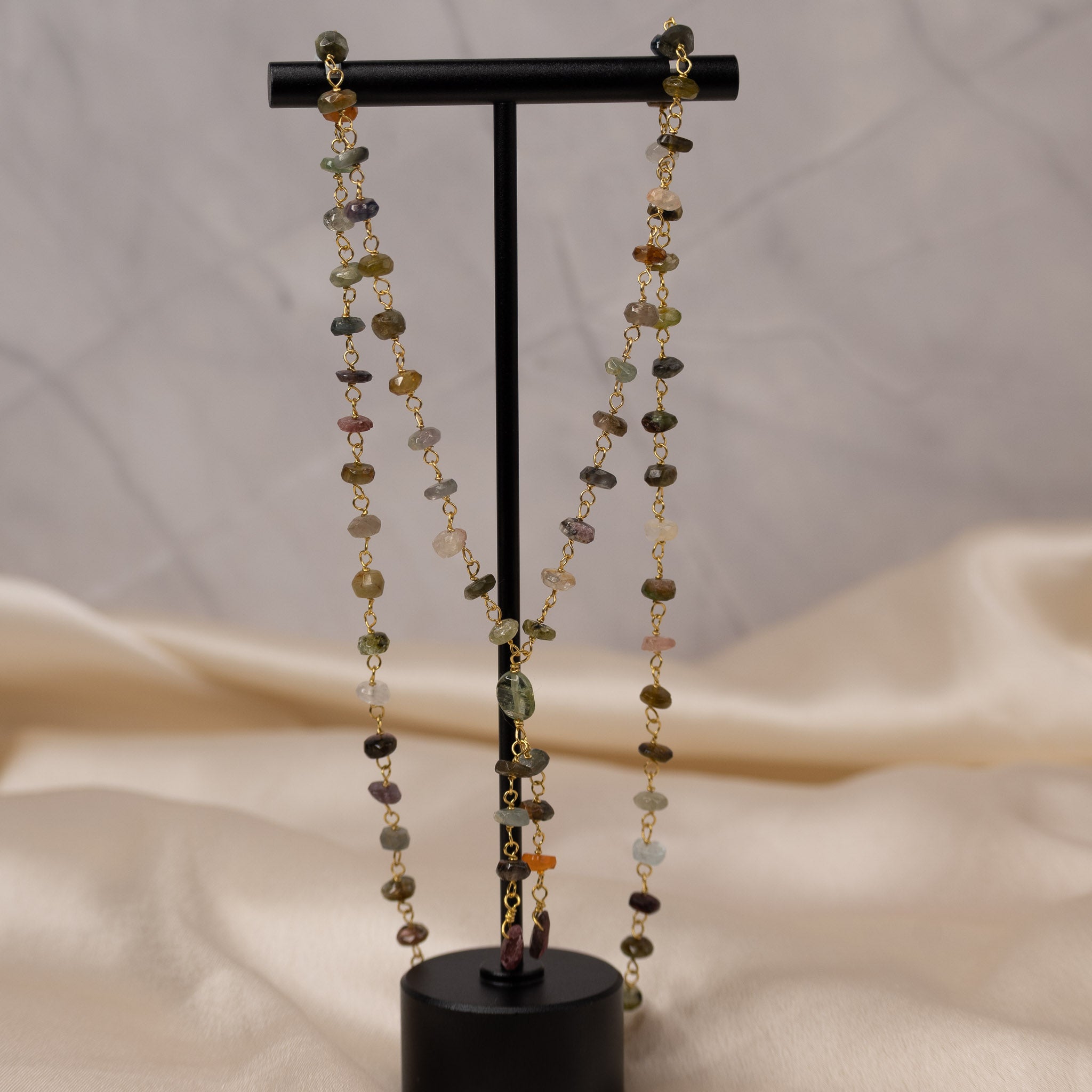 Gold necklace with Tourmaline Semi Precious stone nuggets in chain