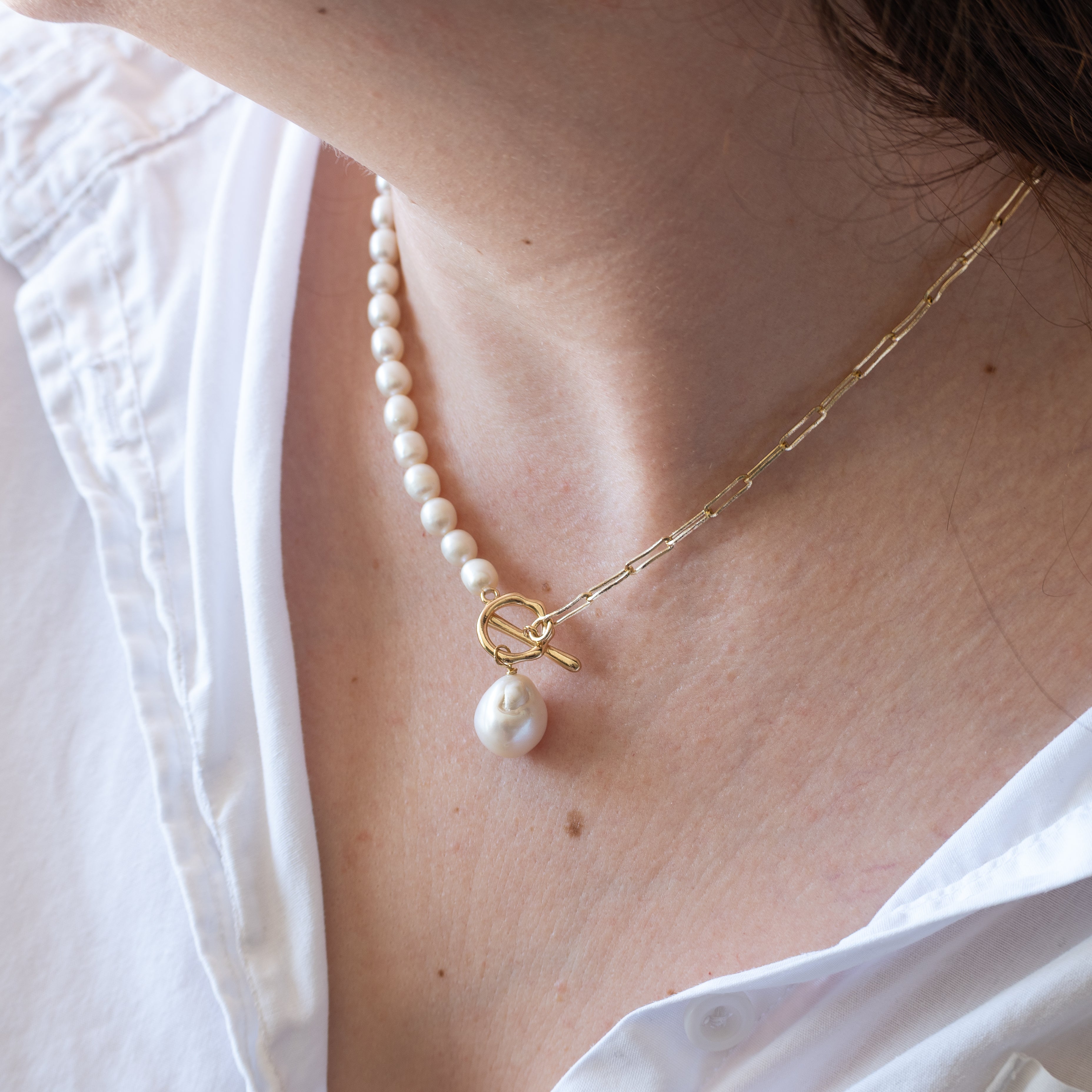 Anne Gold paperclip and pearl mix necklace