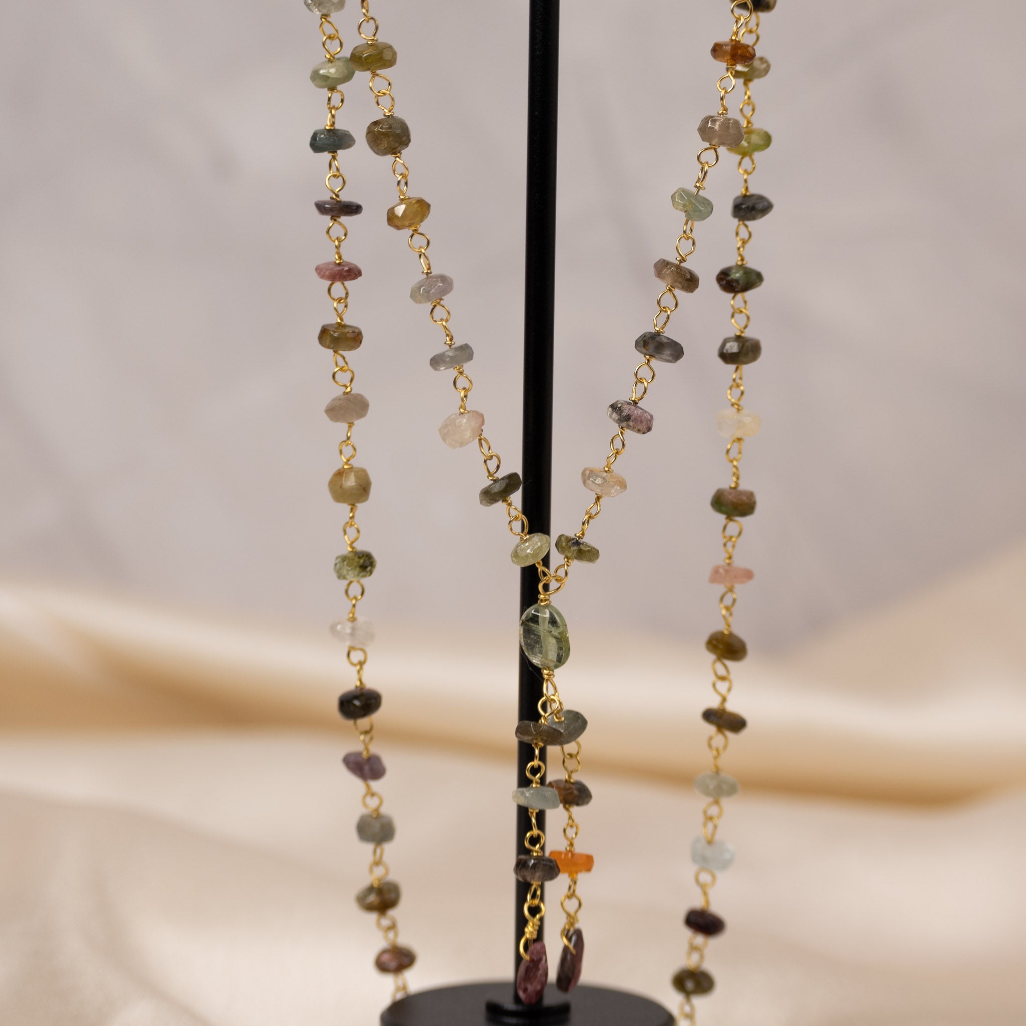 Gold necklace with Tourmaline Semi Precious stone nuggets in chain