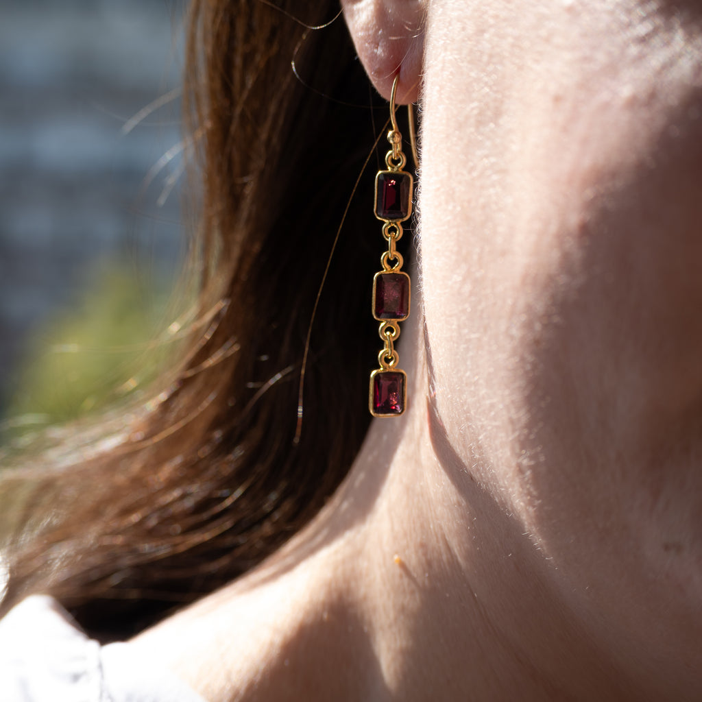 Rhodonite 6 mm three drop Gold earrings