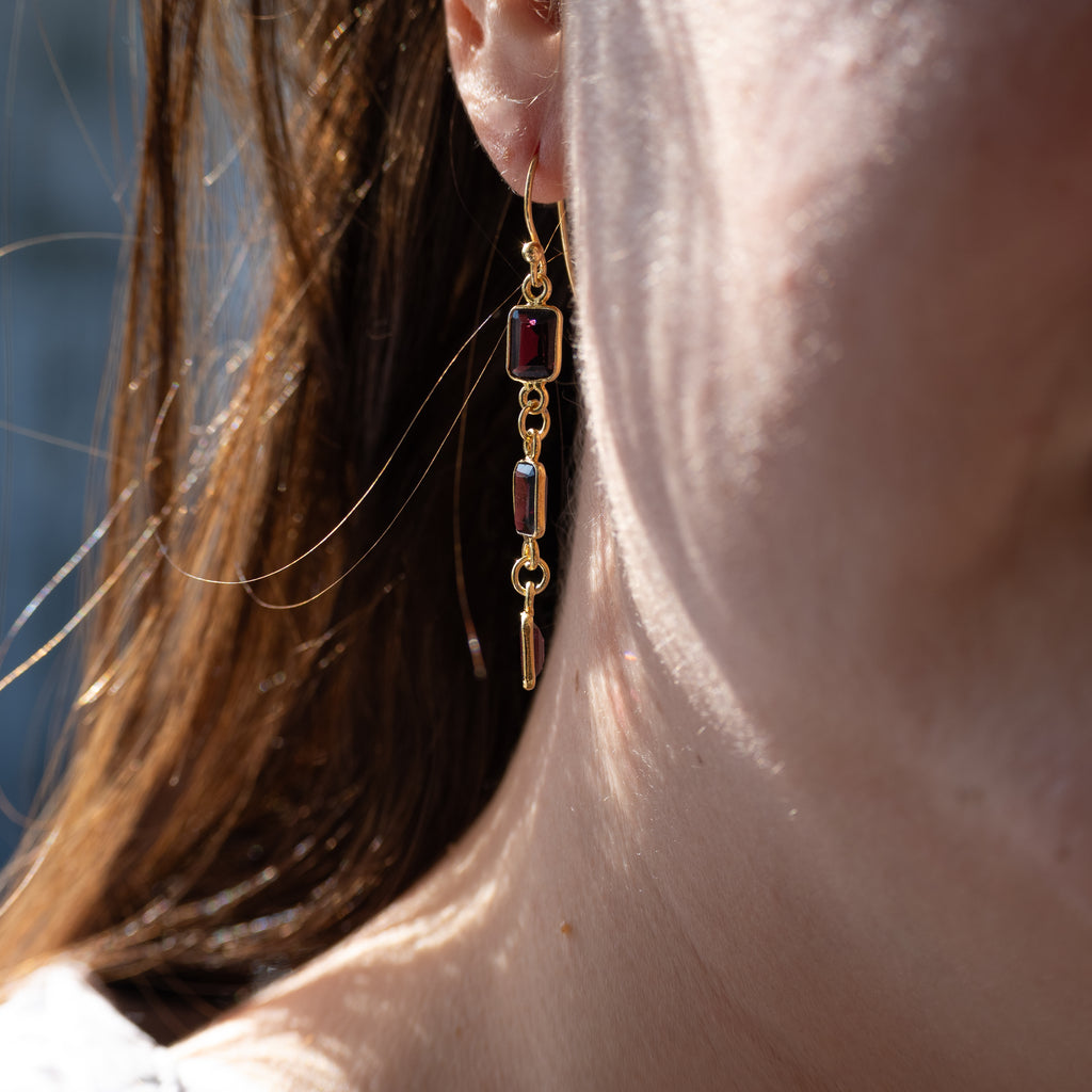 Rhodonite 6 mm three drop Gold earrings