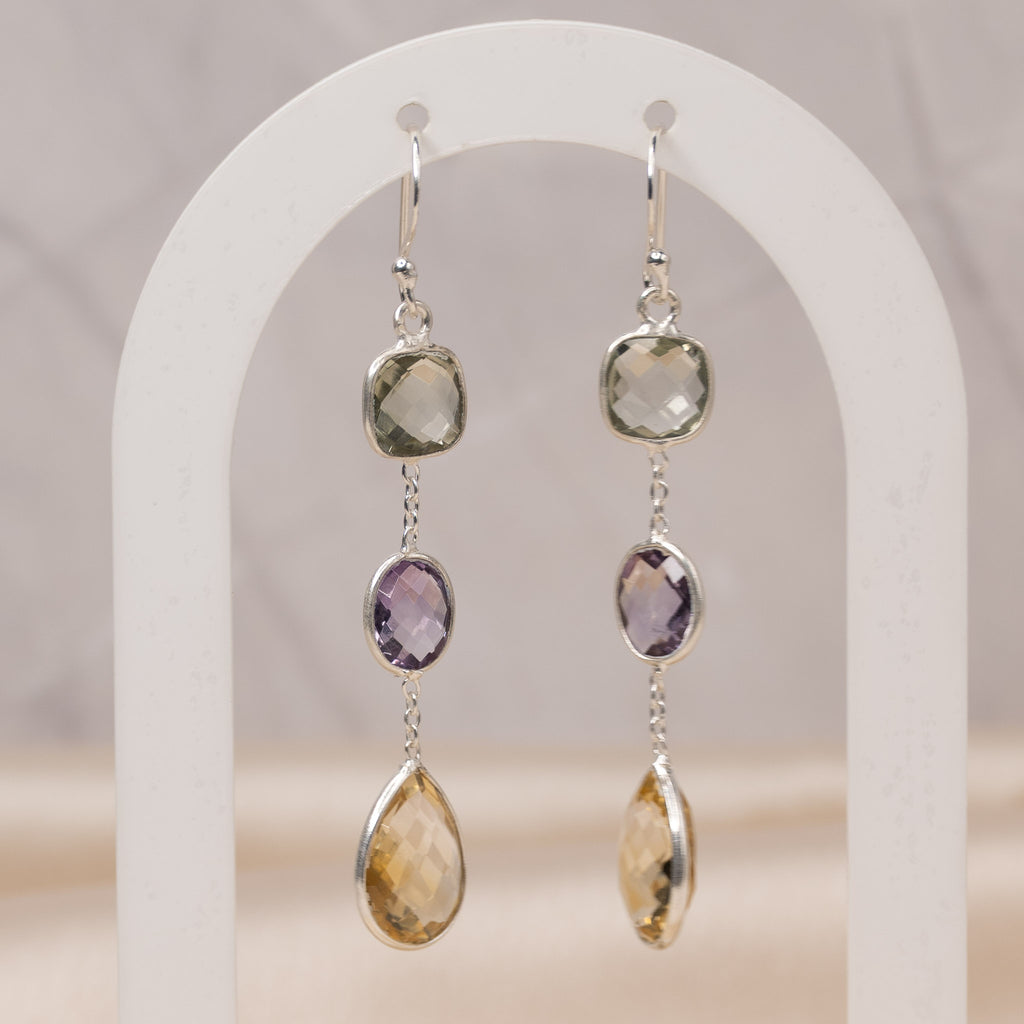 Three semi precious stone drop earrings