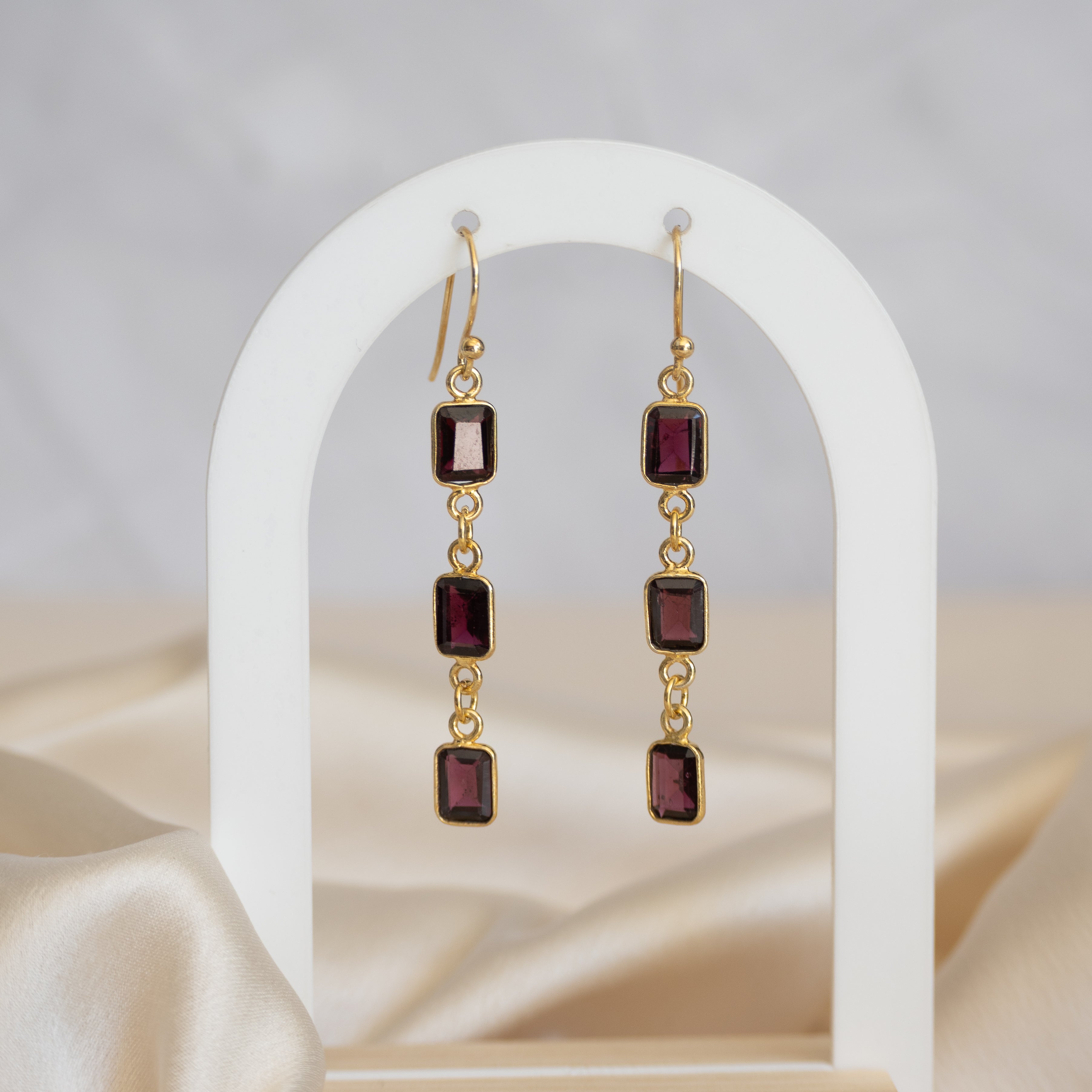 Rhodonite 6 mm three drop Gold earrings