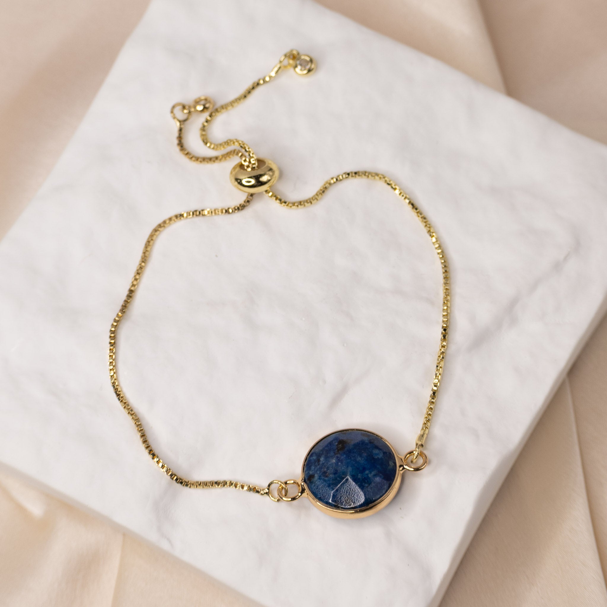Gold Adjustable bracelet with Round Lapis Lazuli Semi precious stone
