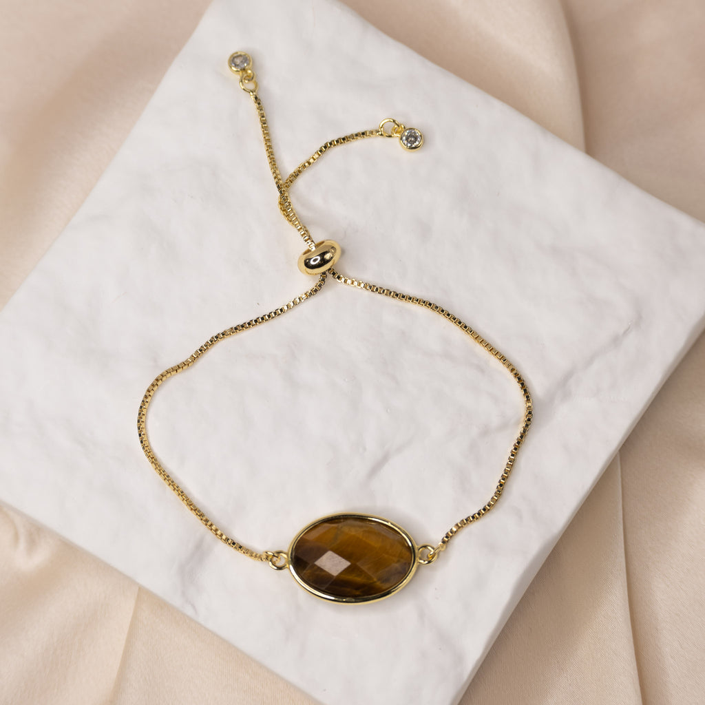 Gold Adjustable Bracelet with Tigers Eye Semi Precious stone