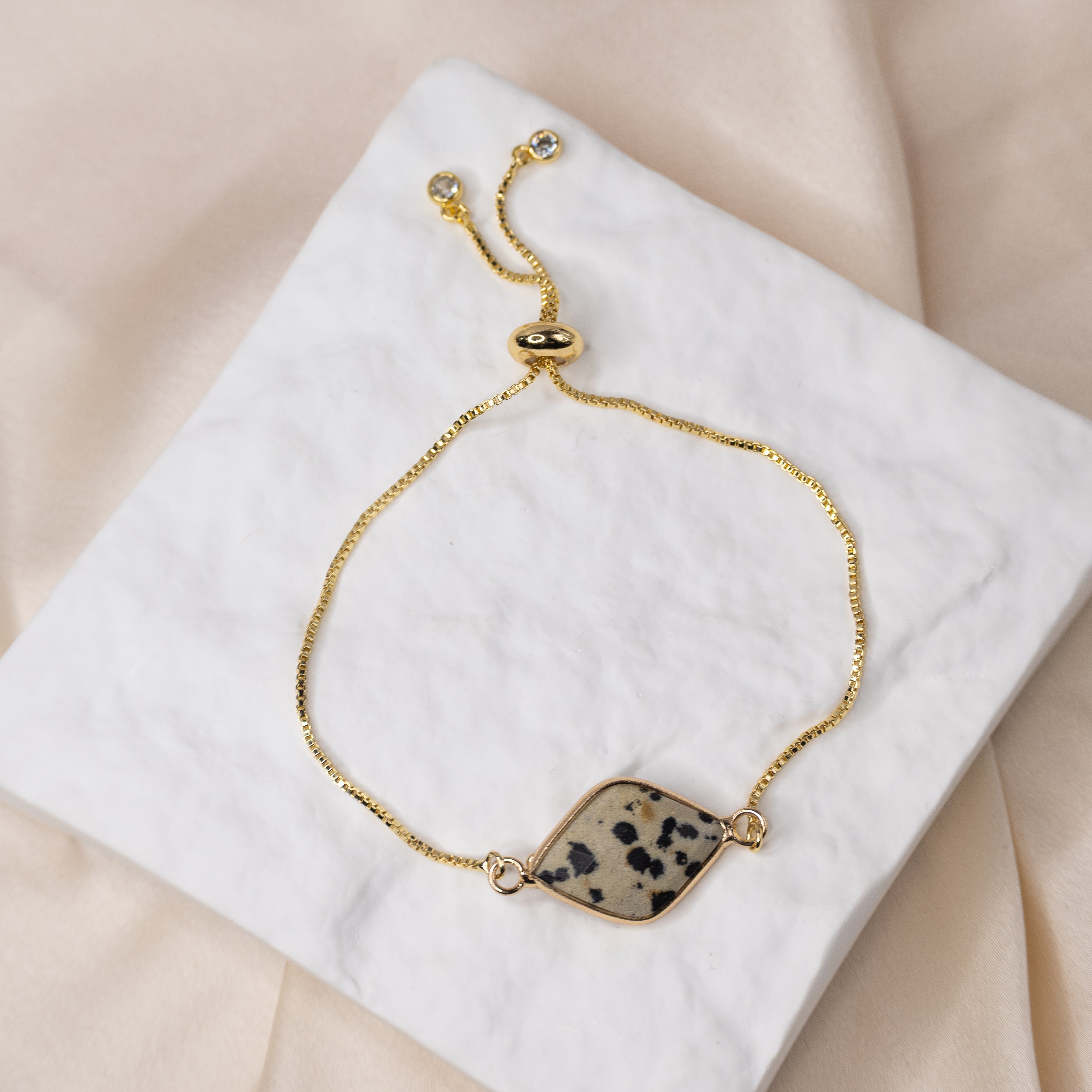 Adjustable Gold Bracelet with Dalmatian Jasper Semi Precious stone