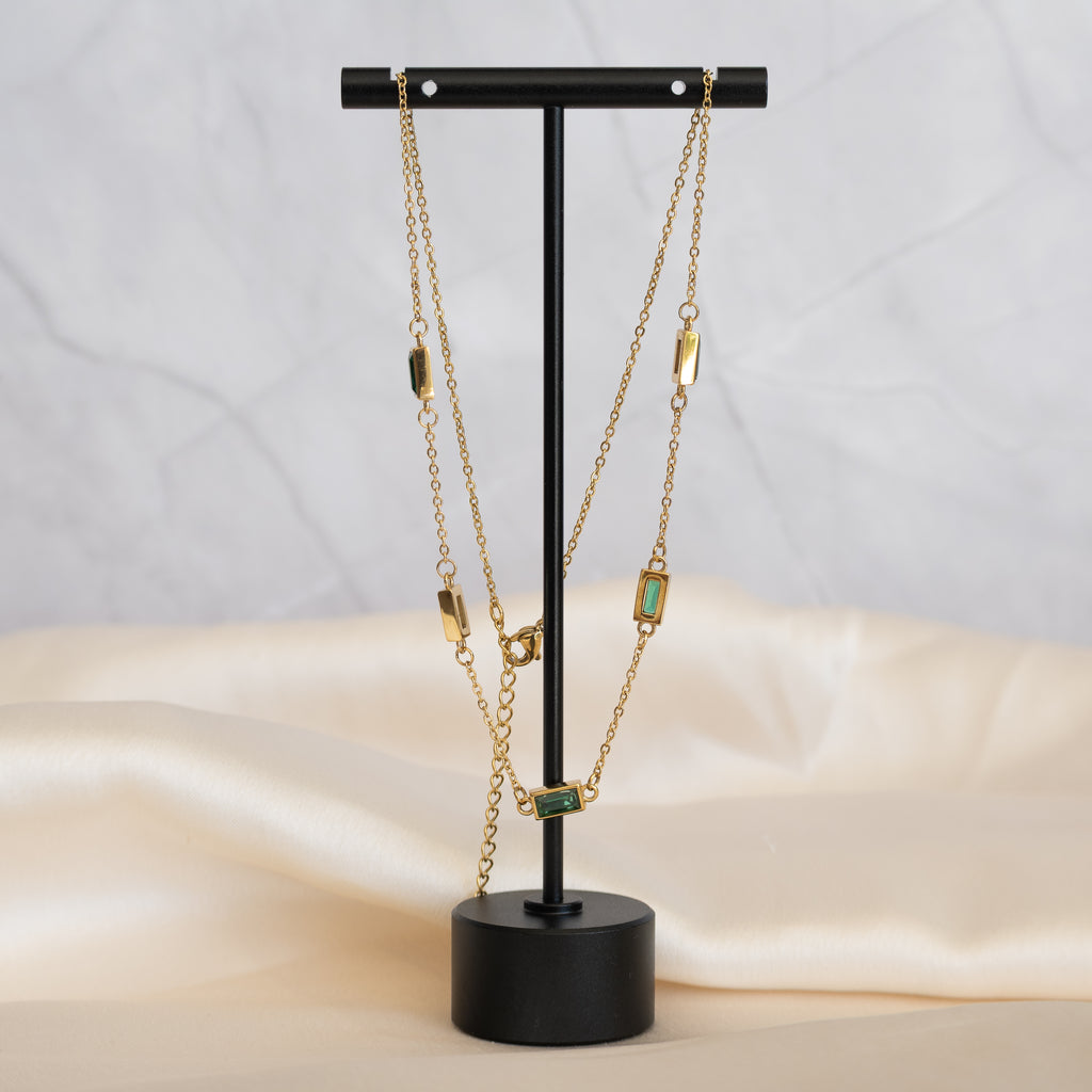 Gold Megs Necklace with Green Stones