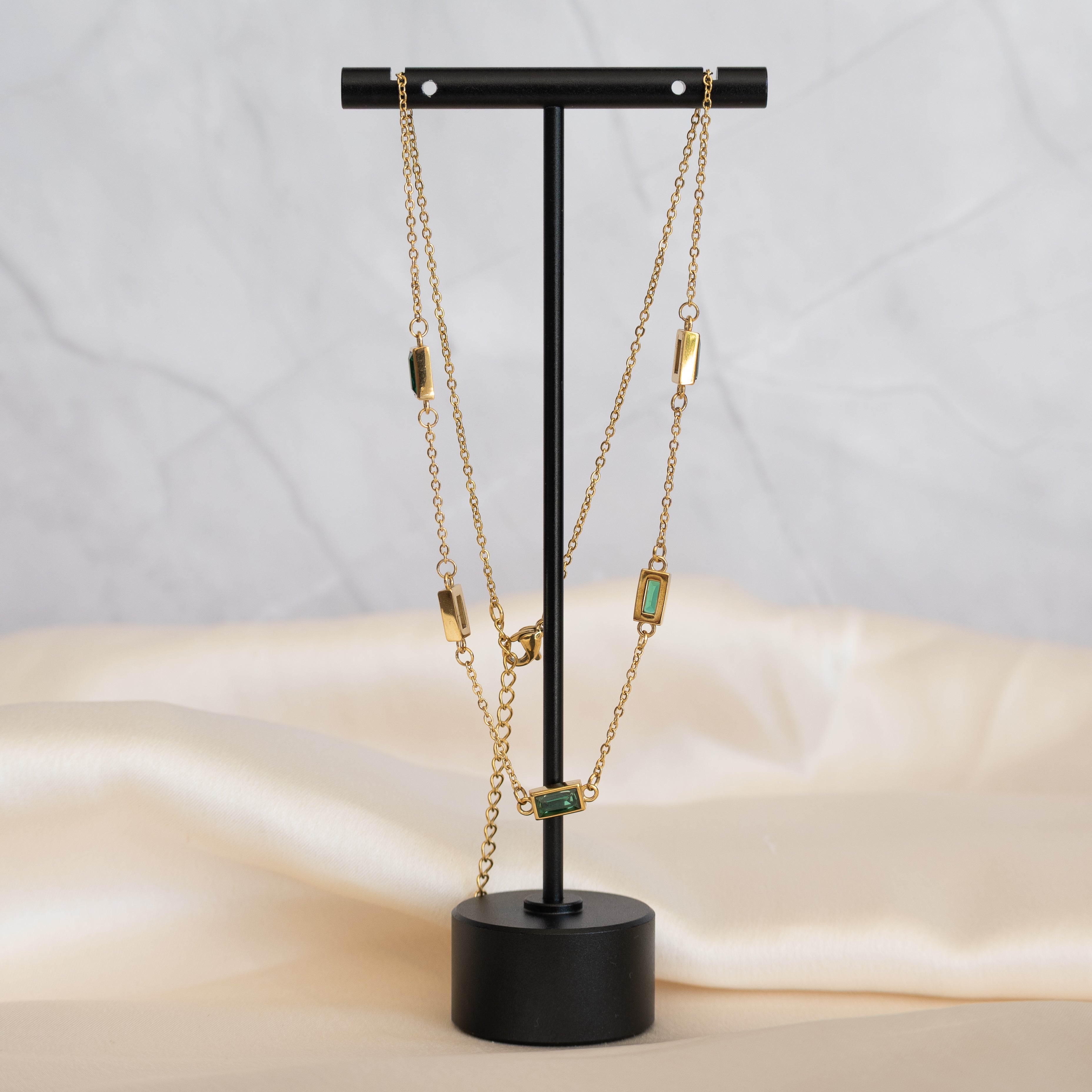 Gold Megs Necklace with Green Stones