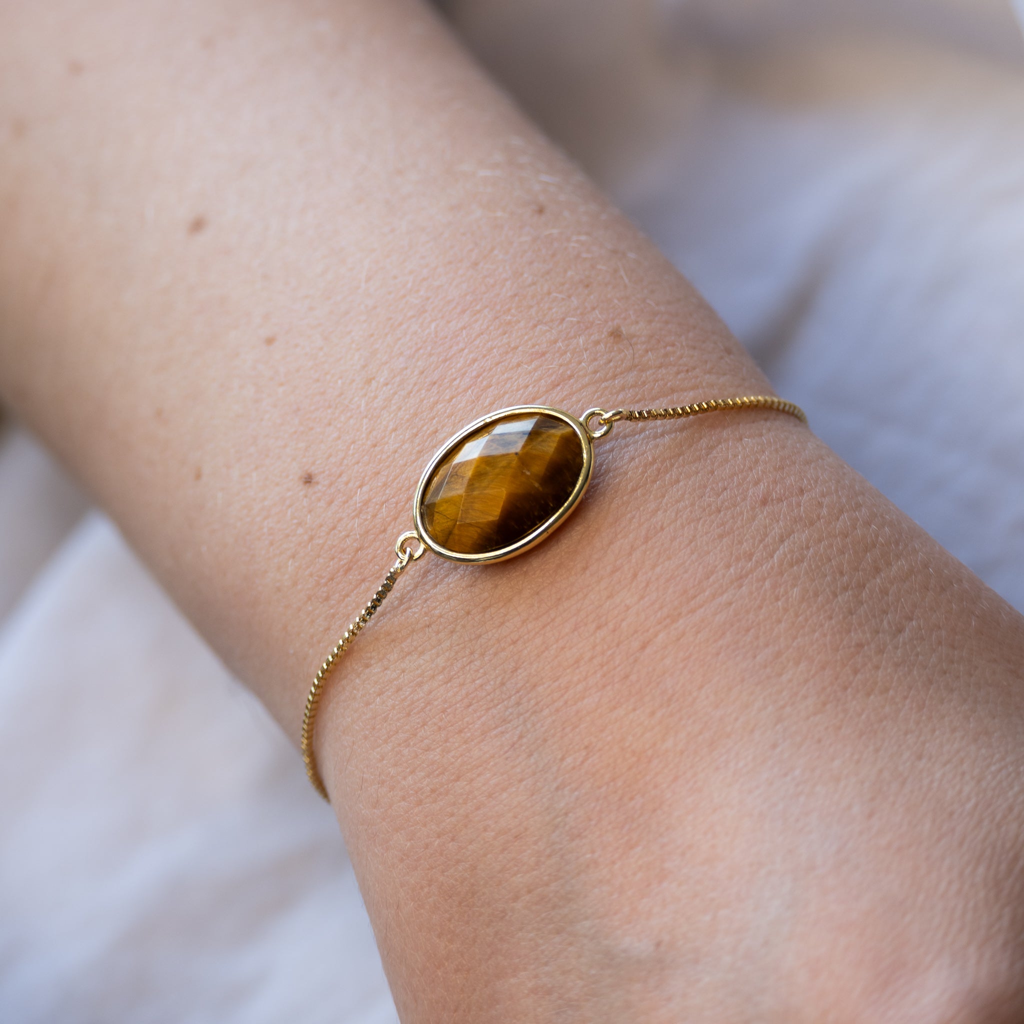 Gold Adjustable Bracelet with Tigers Eye Semi Precious stone