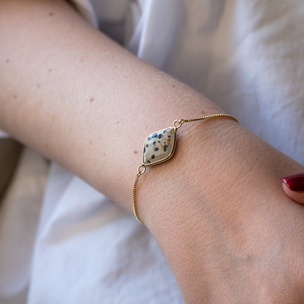 Adjustable Gold Bracelet with Dalmatian Jasper Semi Precious stone