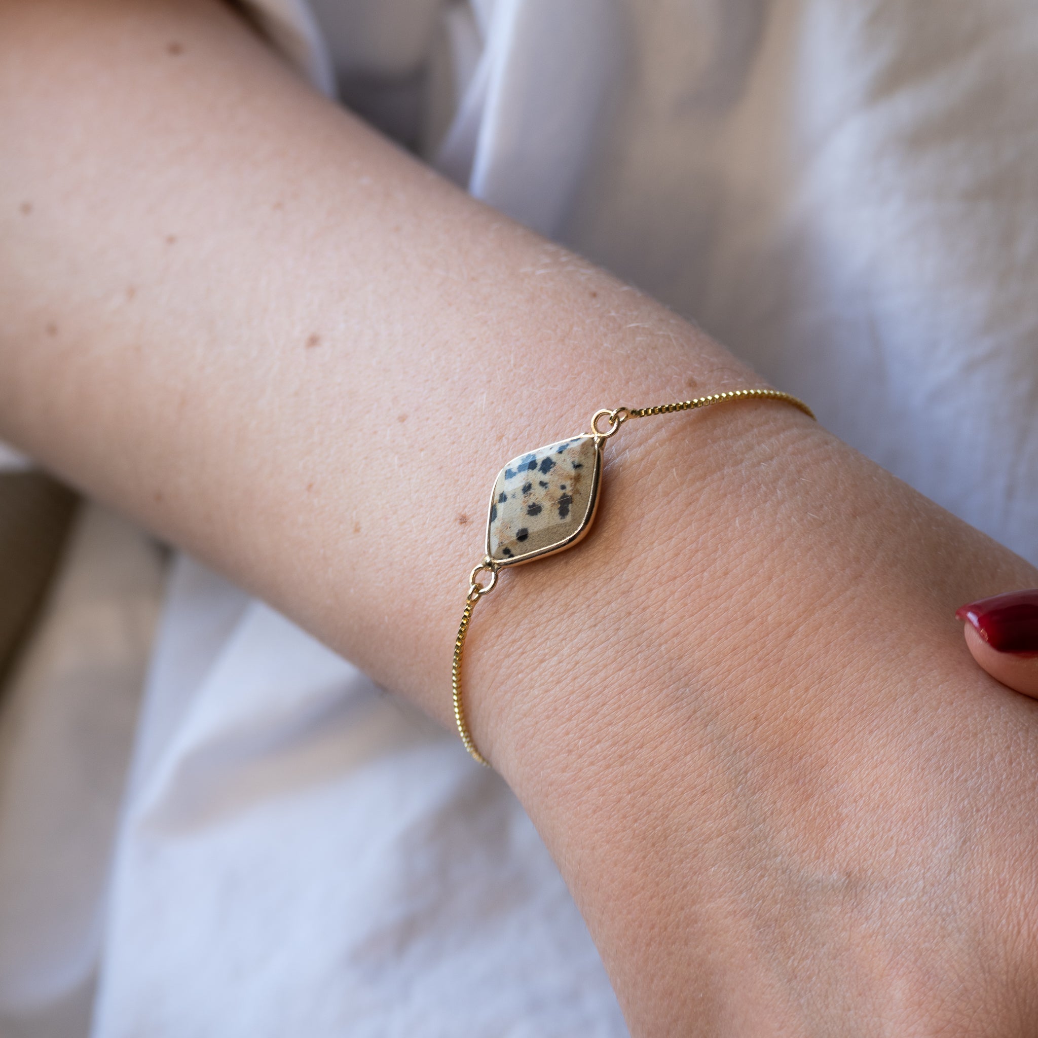 Adjustable Gold Bracelet with Dalmatian Jasper Semi Precious stone