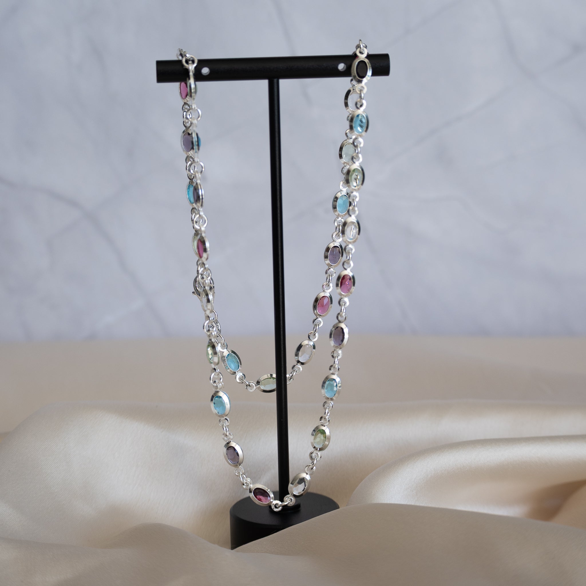 Sterling silver necklace with oval colourful dots
