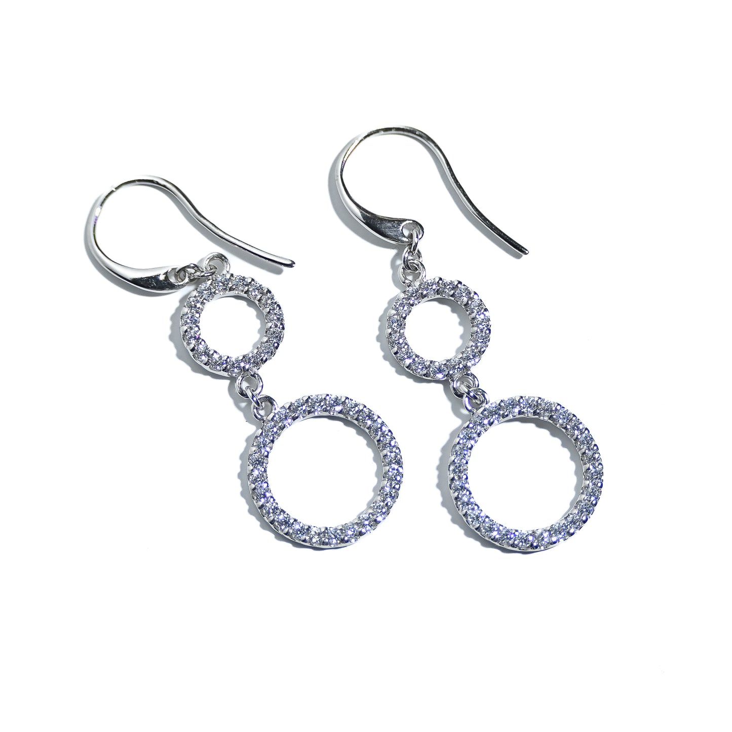 Stunning sterling silver rhodium plated double circle drop earrings with pavé cubic detail