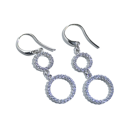 Stunning sterling silver rhodium plated double circle drop earrings with pavé cubic detail