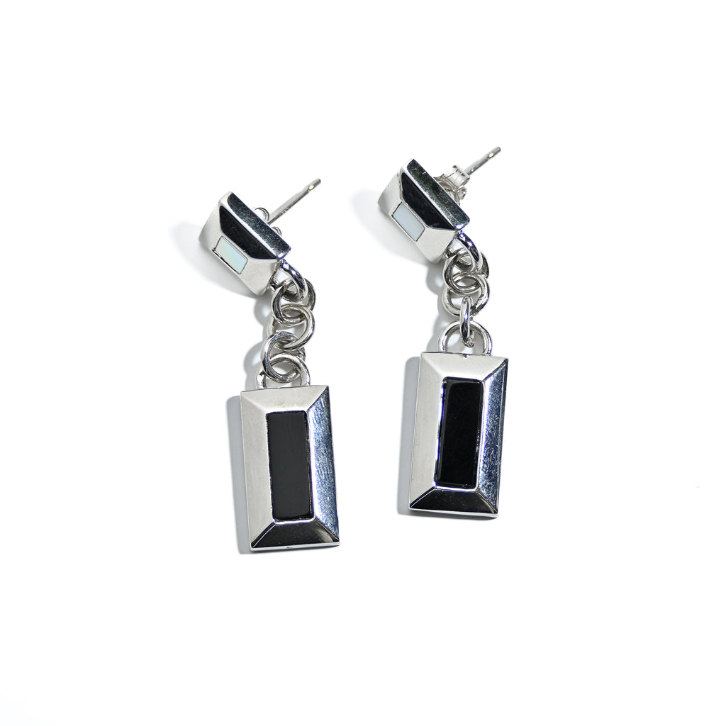 Sterling Silver Drop Earrings With Black Agate Quarts And Mother Of Pearl Inlays
