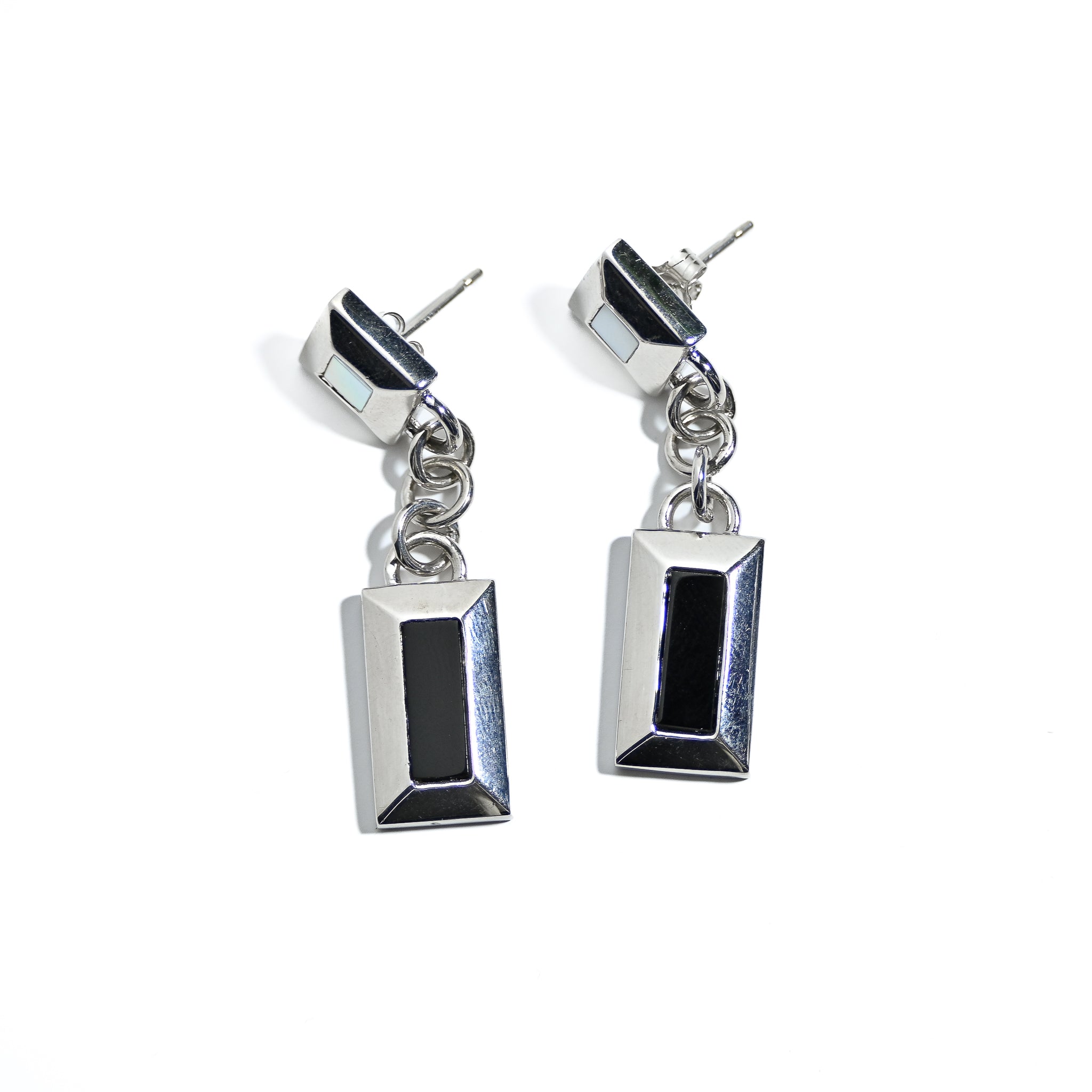 Sterling Silver Drop Earrings With Black Agate Quarts And Mother Of Pearl Inlays