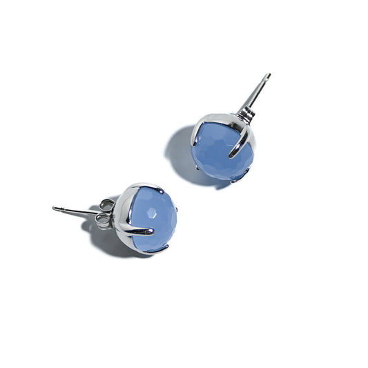 Large Sterling silver rhodium plated stud earrings with large blue Agate stones