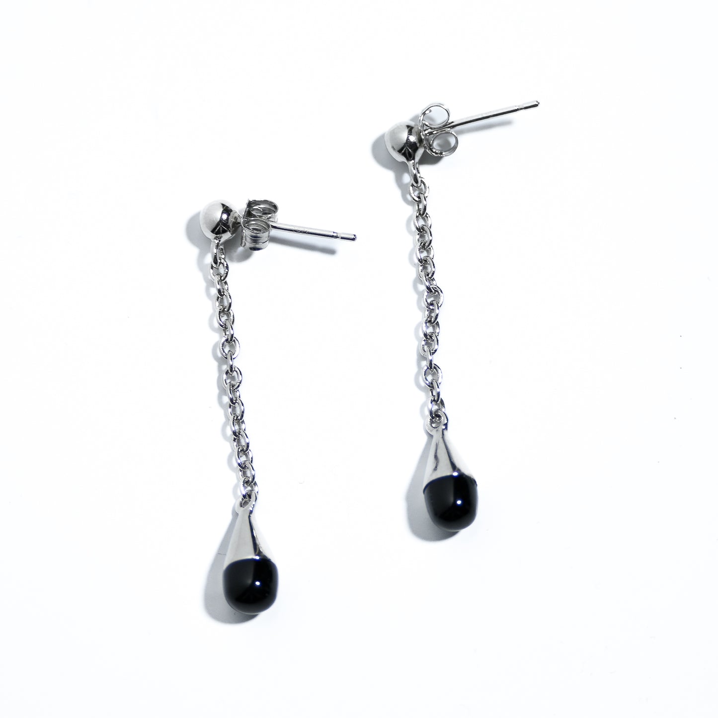 Sterling silver rhodium plated drop earrings with black Agata Quarts insets