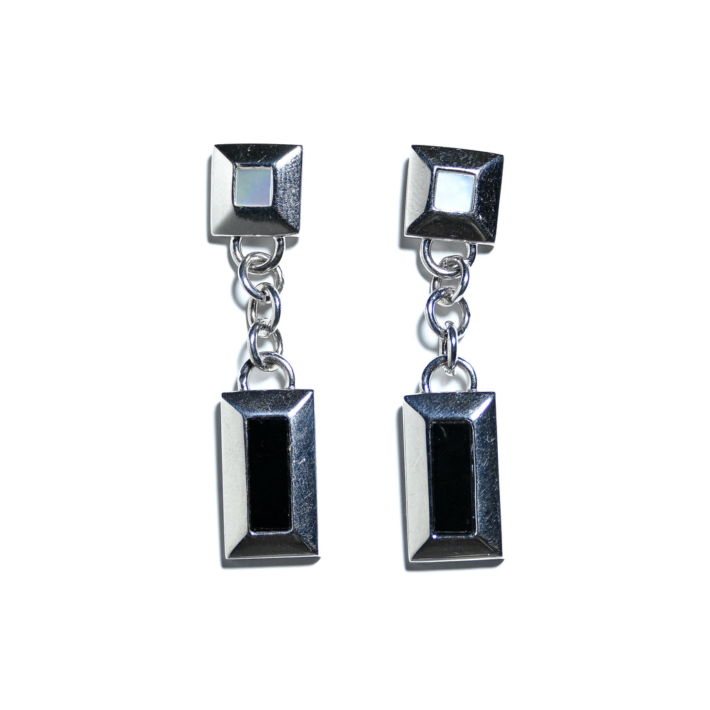Sterling Silver Drop Earrings With Black Agate Quarts And Mother Of Pearl Inlays