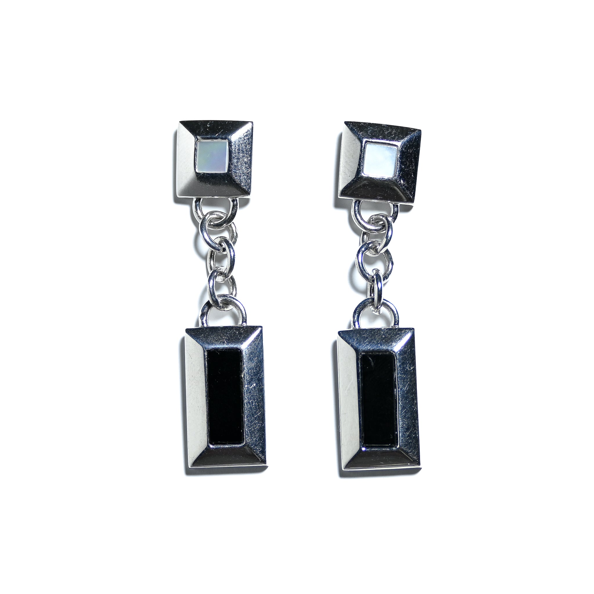 Sterling Silver Drop Earrings With Black Agate Quarts And Mother Of Pearl Inlays