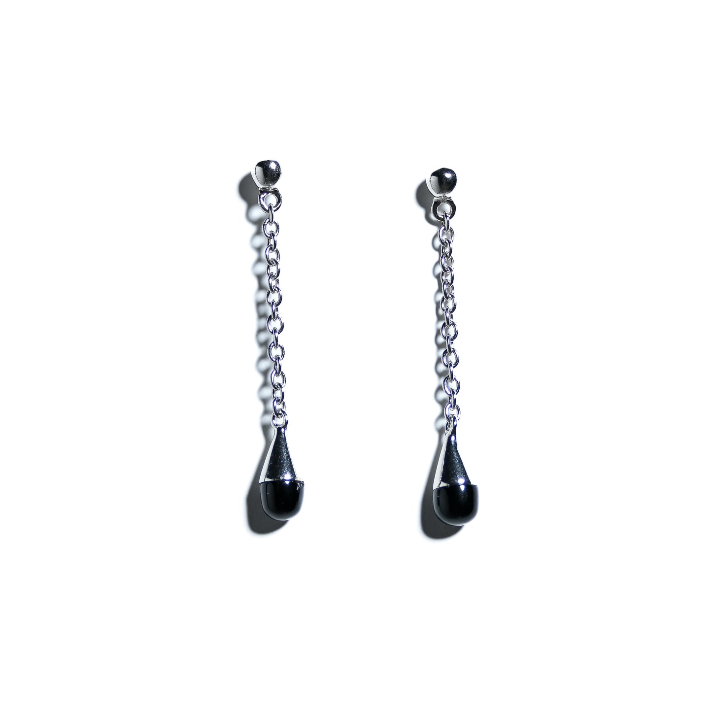 Sterling silver rhodium plated drop earrings with black Agata Quarts insets