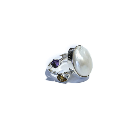 Sterling Silver Ring with Pearl and Two Semi-Precious Stones