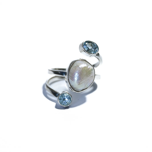 Sterling Silver Ring with Freshwater Pearl and Two Semi-Precious Stones