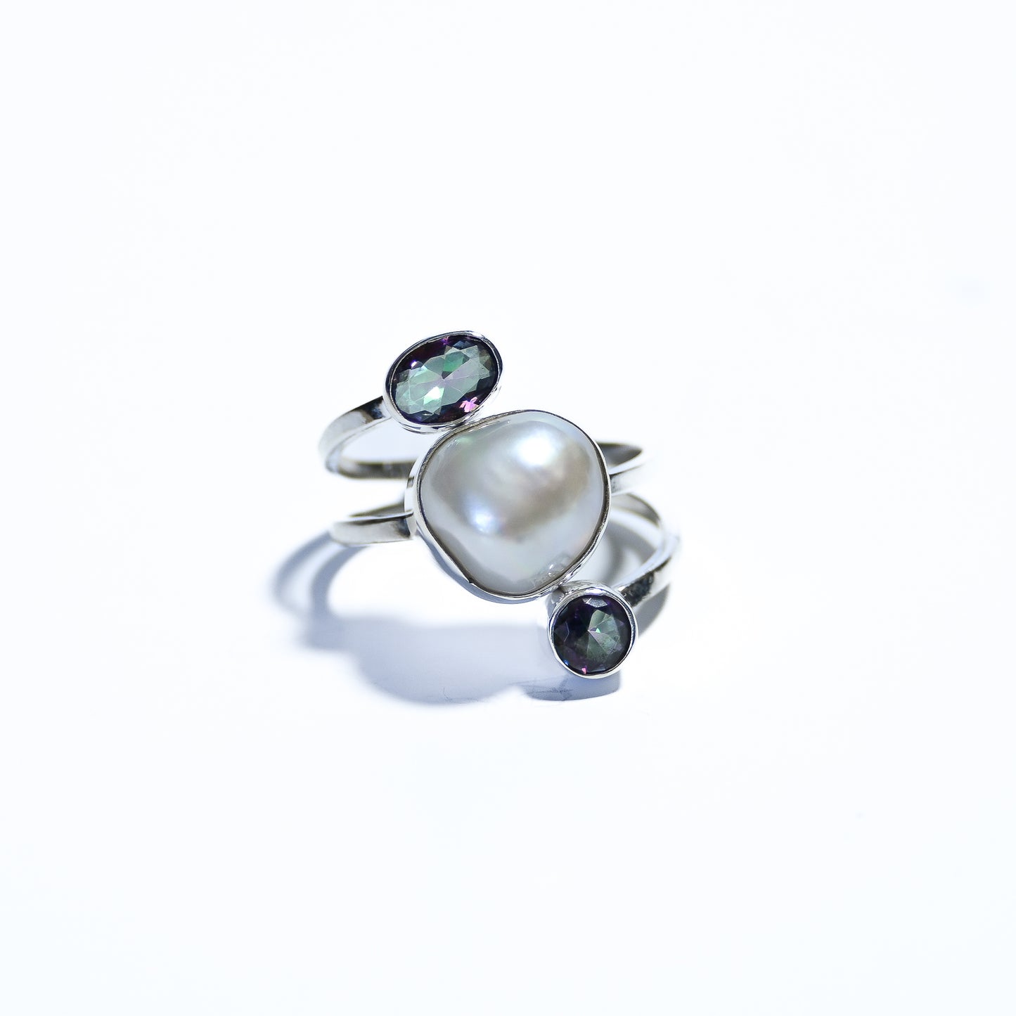 Sterling Silver Ring with Two Semi Precious Stones and Freshwater Pearl