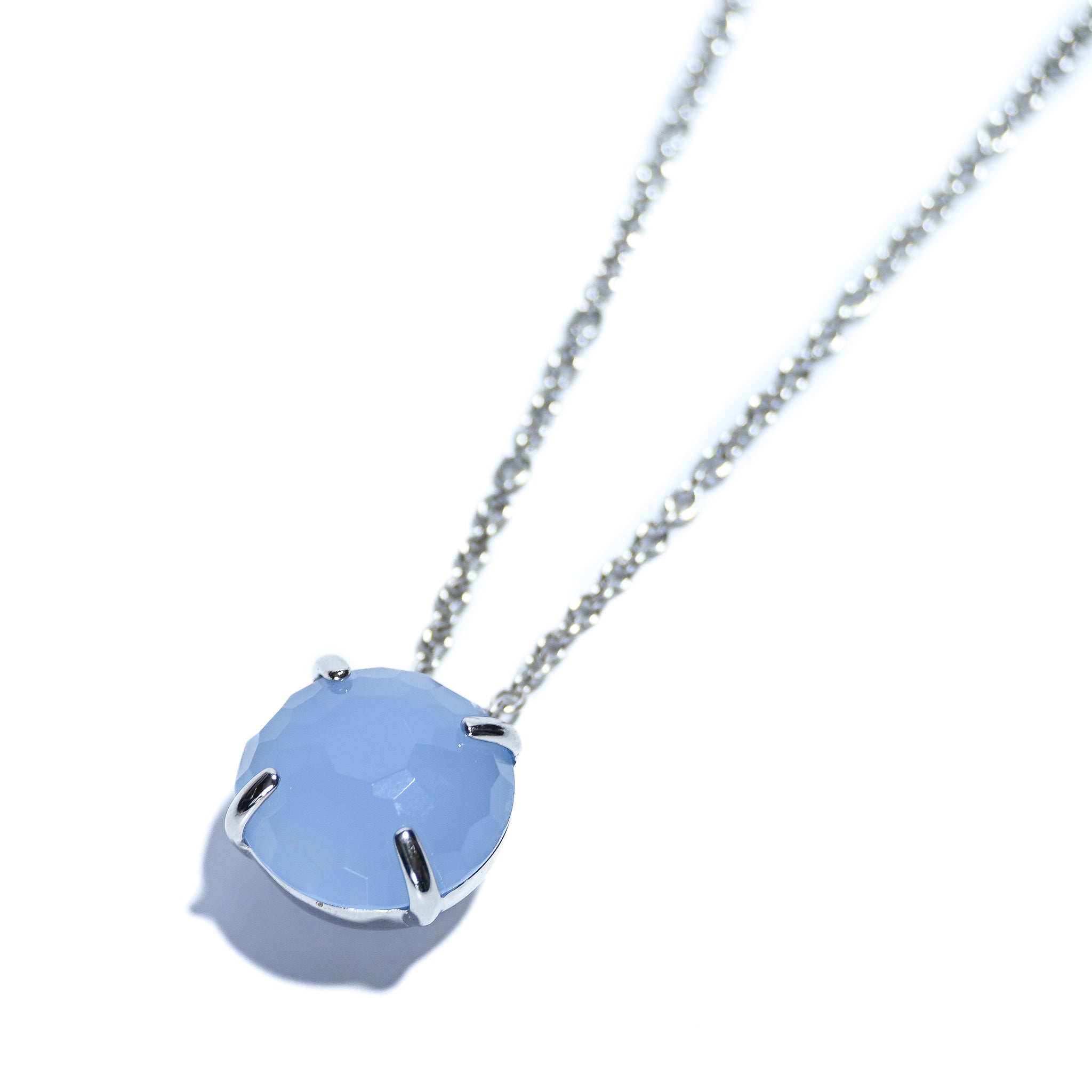 Sterling Silver Rhodium Plated Necklace With Large Blue Agate Stone Pendant