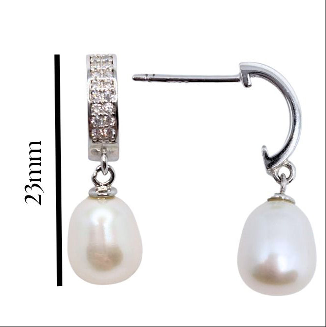 Sterling Silver Drop Earrings With Beautiful Freshwater Pearl And Cubic Zirconia Detail - Terciany 