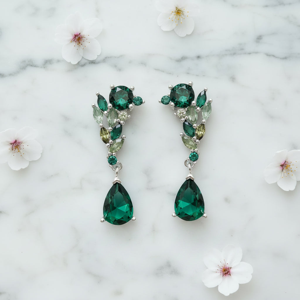 Green Flower Drop Earrings