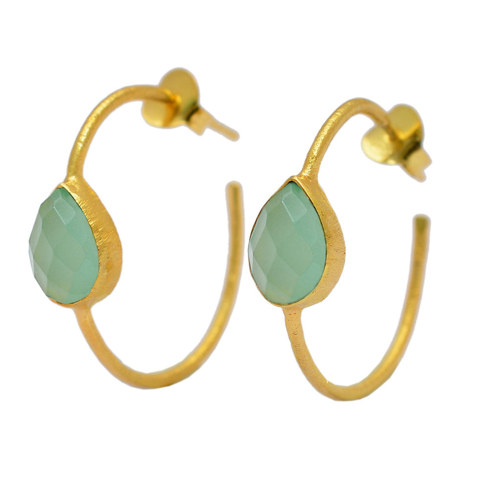 Calcedony teardrop stones in gold hoop earring