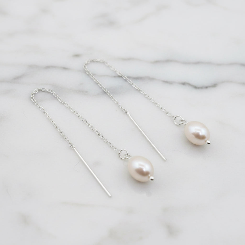 Sterling Silver Chain Earring With Freshwater Pearl On End - Terciany 