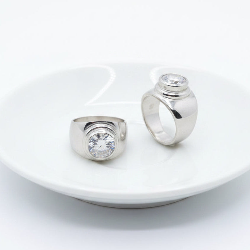 Sterling Silver Statement Ring With Cubic Zirconia In Tube Setting