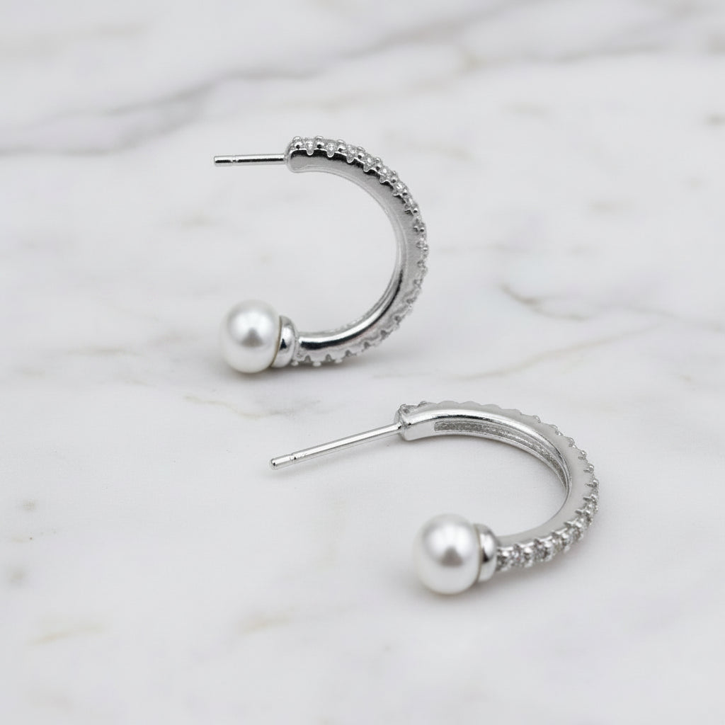 Cubic Zirconia Pavé Hoop Earrings With Pearls On End